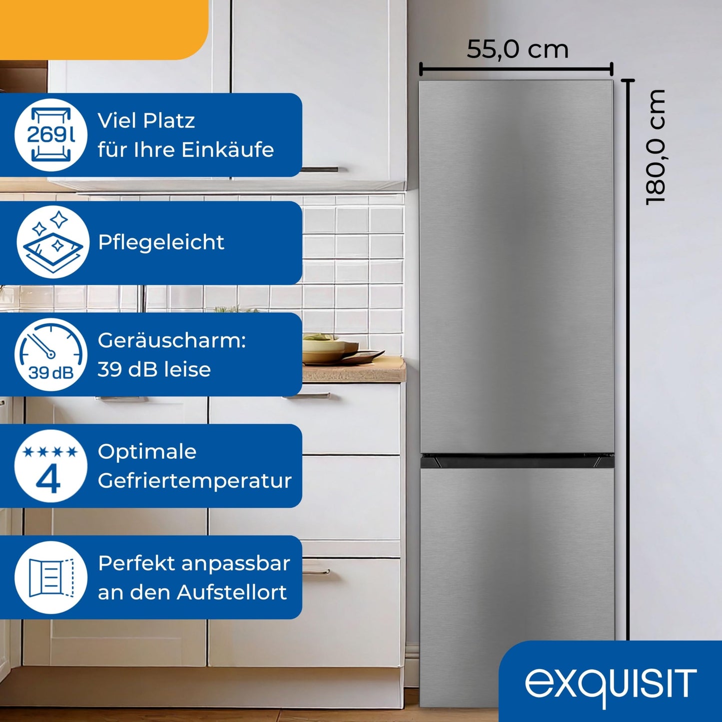 Exquisit Kühl-Gefrierkombination, 180 cm Höhe, Kühlschrank mit Gefrierfach, 269 Liter, 4-Sterne-Gefrierfach, Türanschlag wechselbar, Standgerät, KGC5265-70-010E inoxlook