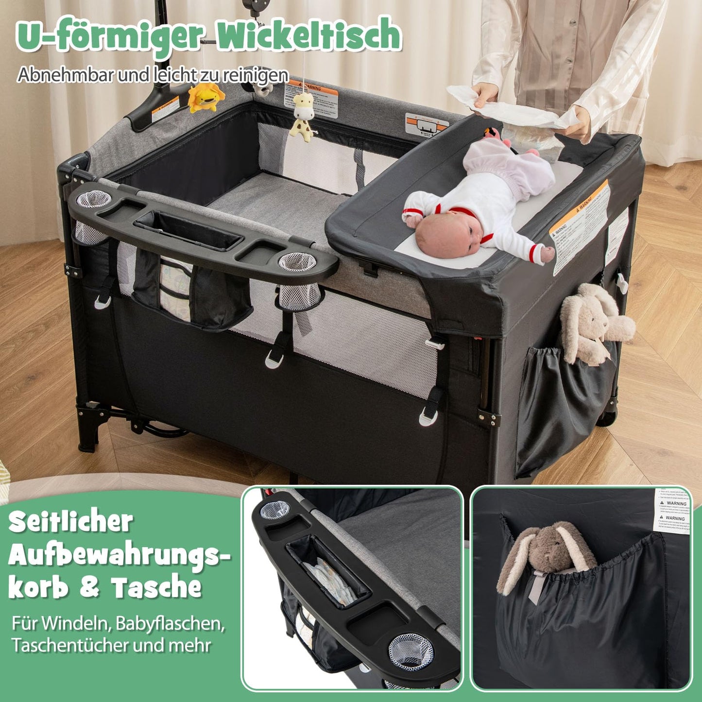 DREAMADE 5-in-1 Baby Travel Cot, 120 x 60 cm, Side Bed with Mattress & Changing Table, Music Box & Toy, Height-Adjustable Baby Bed for Baby from Birth (Dark Grey)