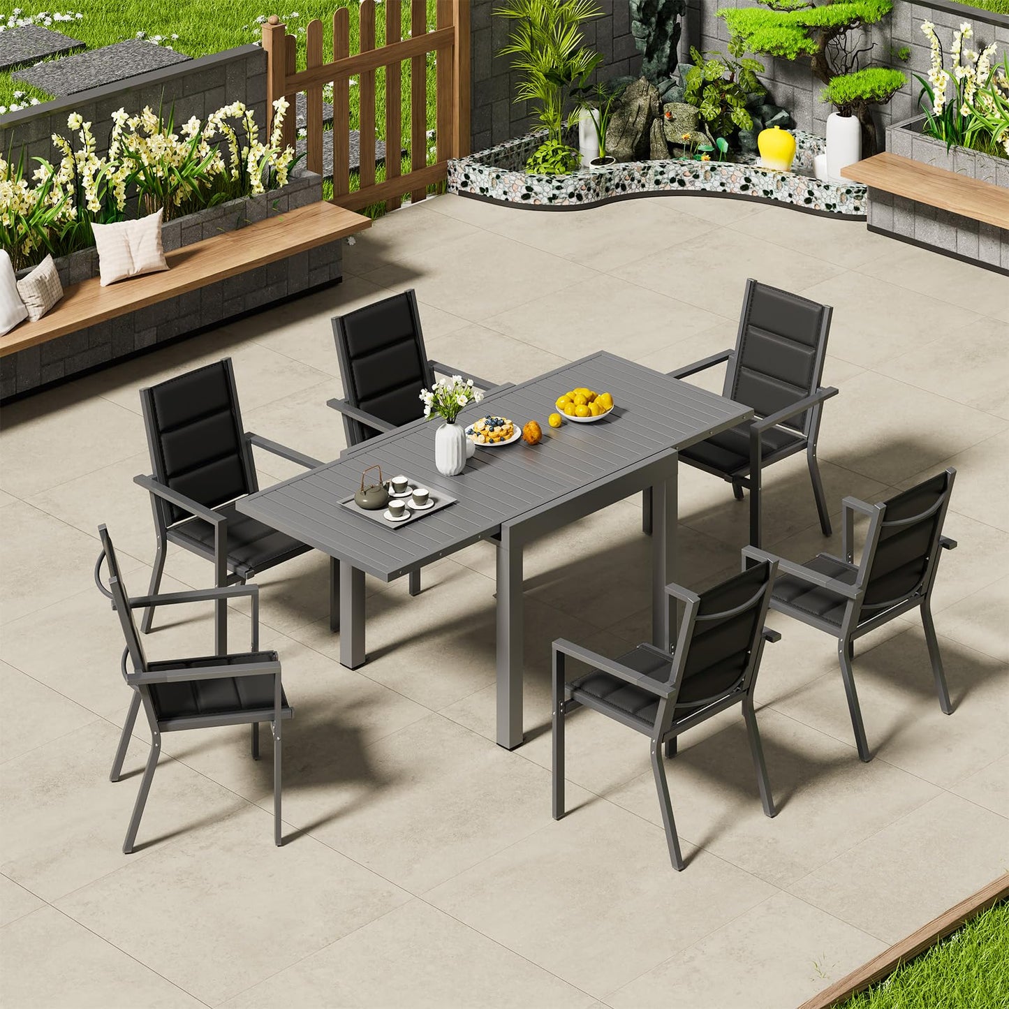 Devoko Garden Furniture Set for 8 People, 8 + 1 Aluminium Table and Chairs Set, Balcony Furniture, 8 Stackable Garden Chairs and 1 130/260 cm Stretchy Garden Table, Patio Furniture Sets Outdoor