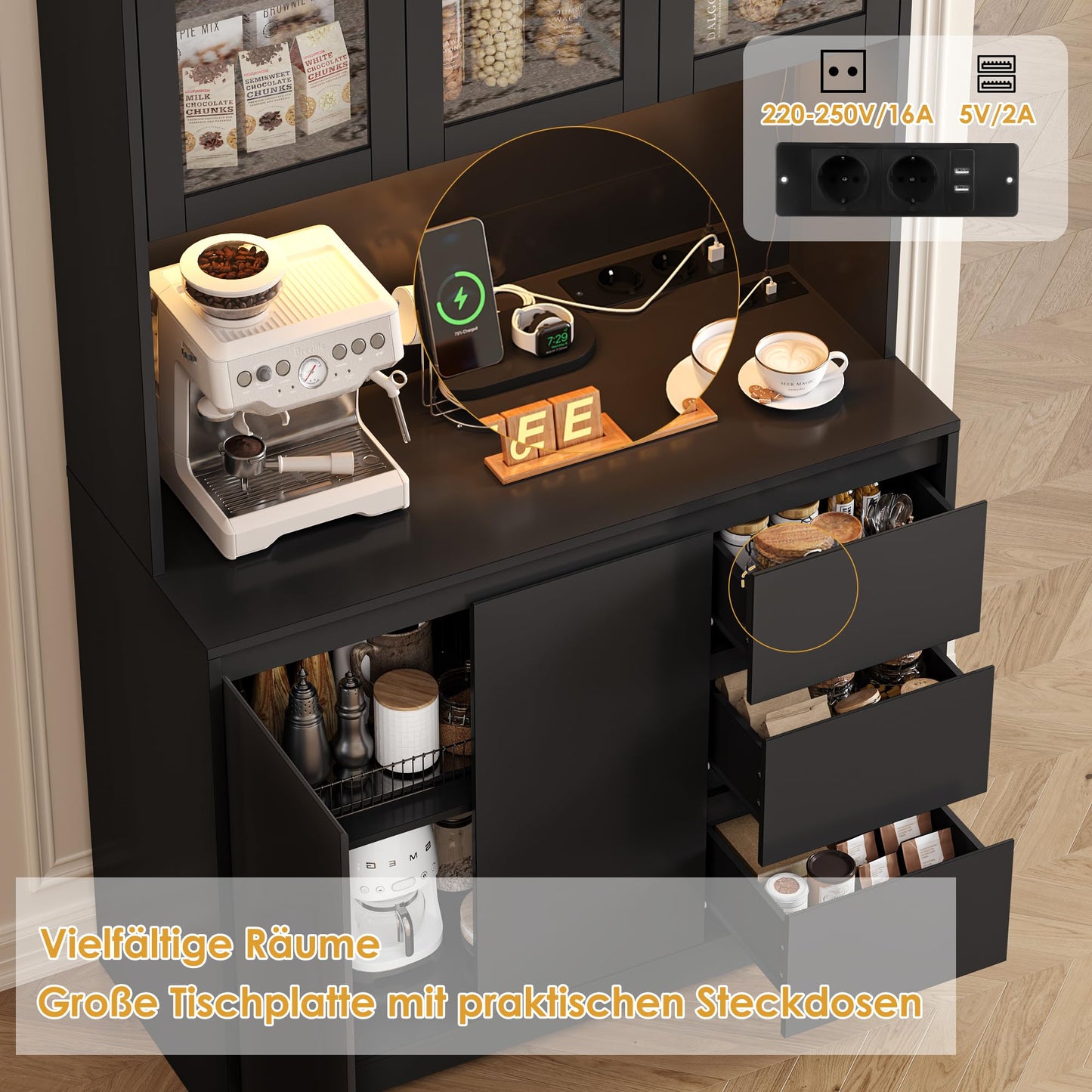 FirFurd Kitchen Cabinet Buffet Cabinet with LED Sideboard for Kitchen with Power Strip Kitchen Cabinet with Worktop and 3 Drawers Kitchen Buffet with Adjustable Shelf 180 x 100 x 38.5 cm (Black)