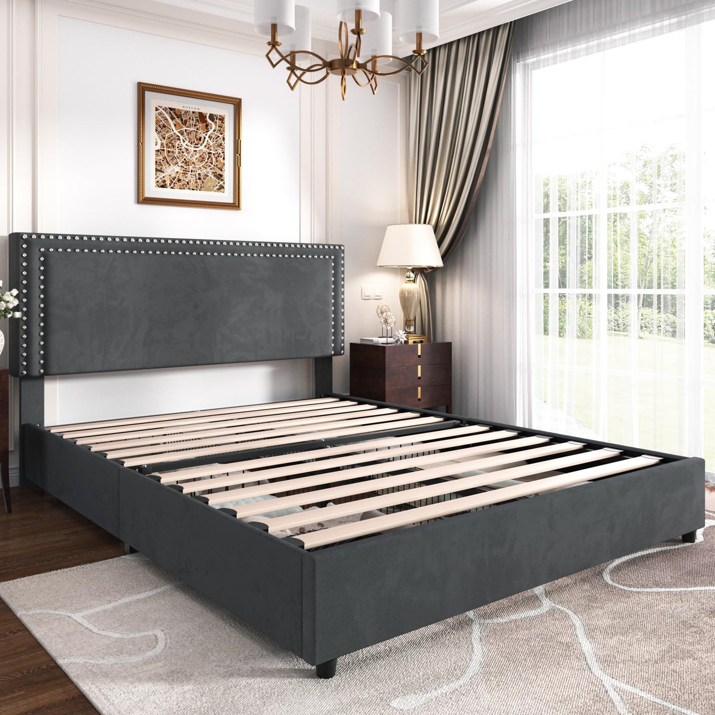 VECELO Upholstered Double Bed 140 x 200 cm with 4 Storage Drawers, Double Bed Frame with Height-Adjustable Headboard and Storage Box, Bed with Storage Space and Slatted Frame, Mattress Not Included