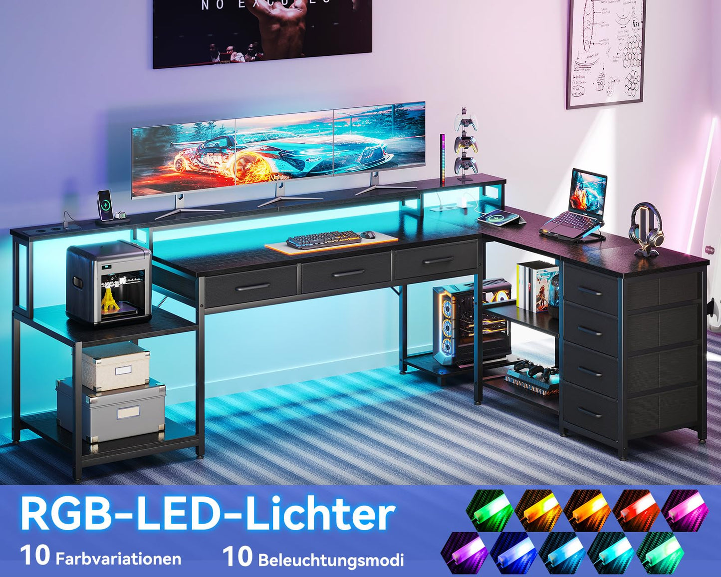 Coleshome Gaming Tisch mit 7 Schubladen & Großzügigem Stauraum, Eckschreibtisch mit RGB LED, Reversibler Schreibtisch L Form mit 2 Steckdosen, Ideal für Büro & Gaming, 179.5×135.5cm, Weiß