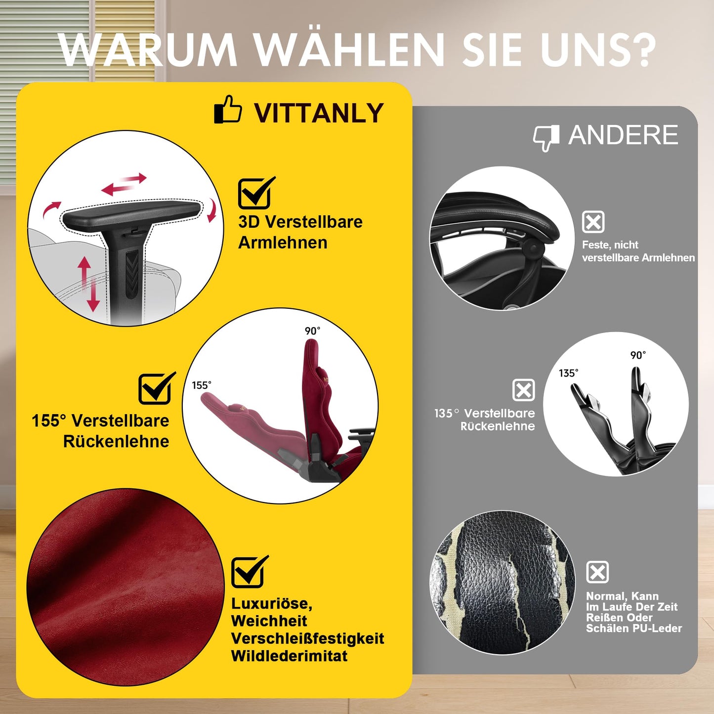 Vittanly Gaming Stuhl, Luxuriöser Wildlederimitat Gaming Chair Bürostuhl, Ergonomischer Schreibtischstuhl mit Fußstütze Kopfstütze und Lendenkissen, 3D Armlehnen, 90-155° Rückenlehne, Weinrot