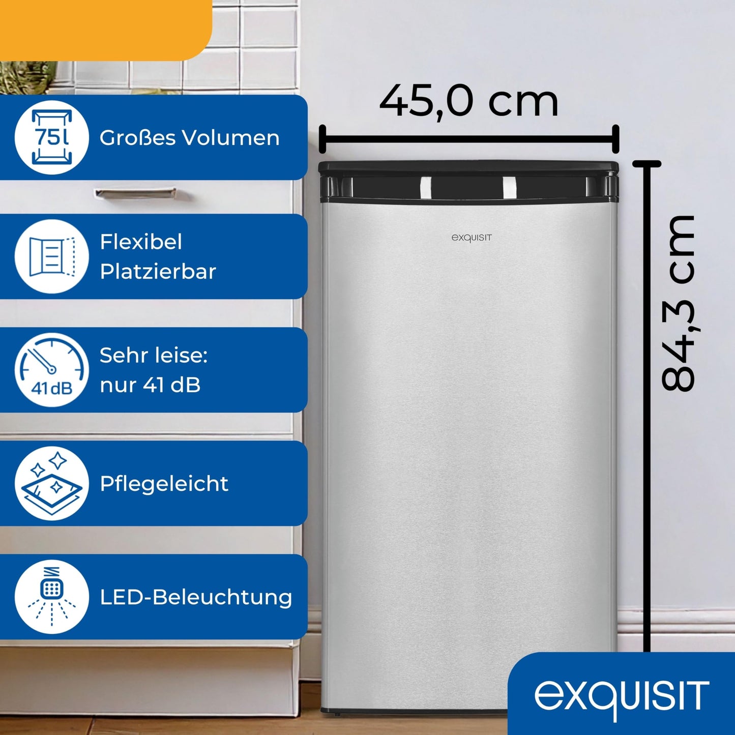 Exquisit KS585-V-091E Full-Room Refrigerator, 75 Litres, Freestanding, Small and Compact, 45 cm Wide, LED Interior Lighting
