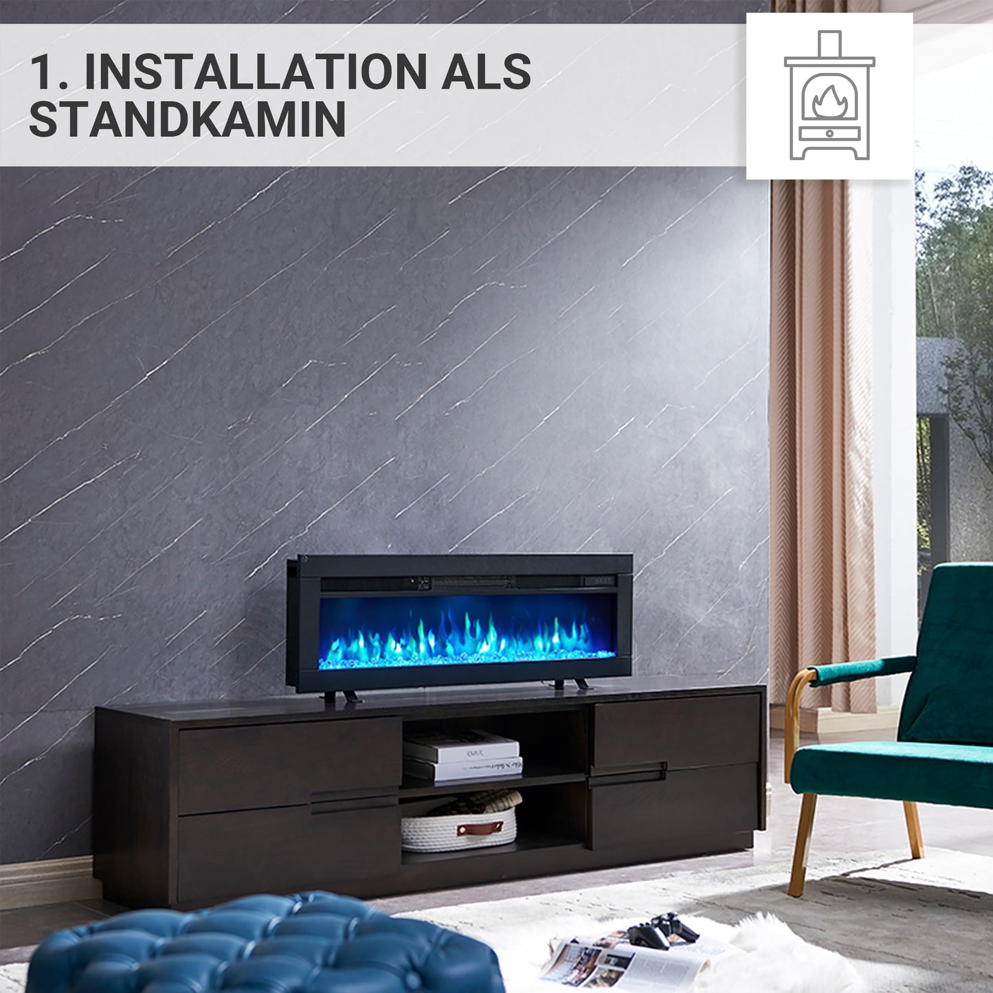 BALDERIA Elektrokamin Agnes 36" | 3in1 Elektrischer Stand-, Wand- oder Einbaukamin mit 3D-Flammeneffekt | Elektro Heizung 1800W | Kamin mit Fernbedienung, Startsteuerung, Timer & Thermostat | Schwarz