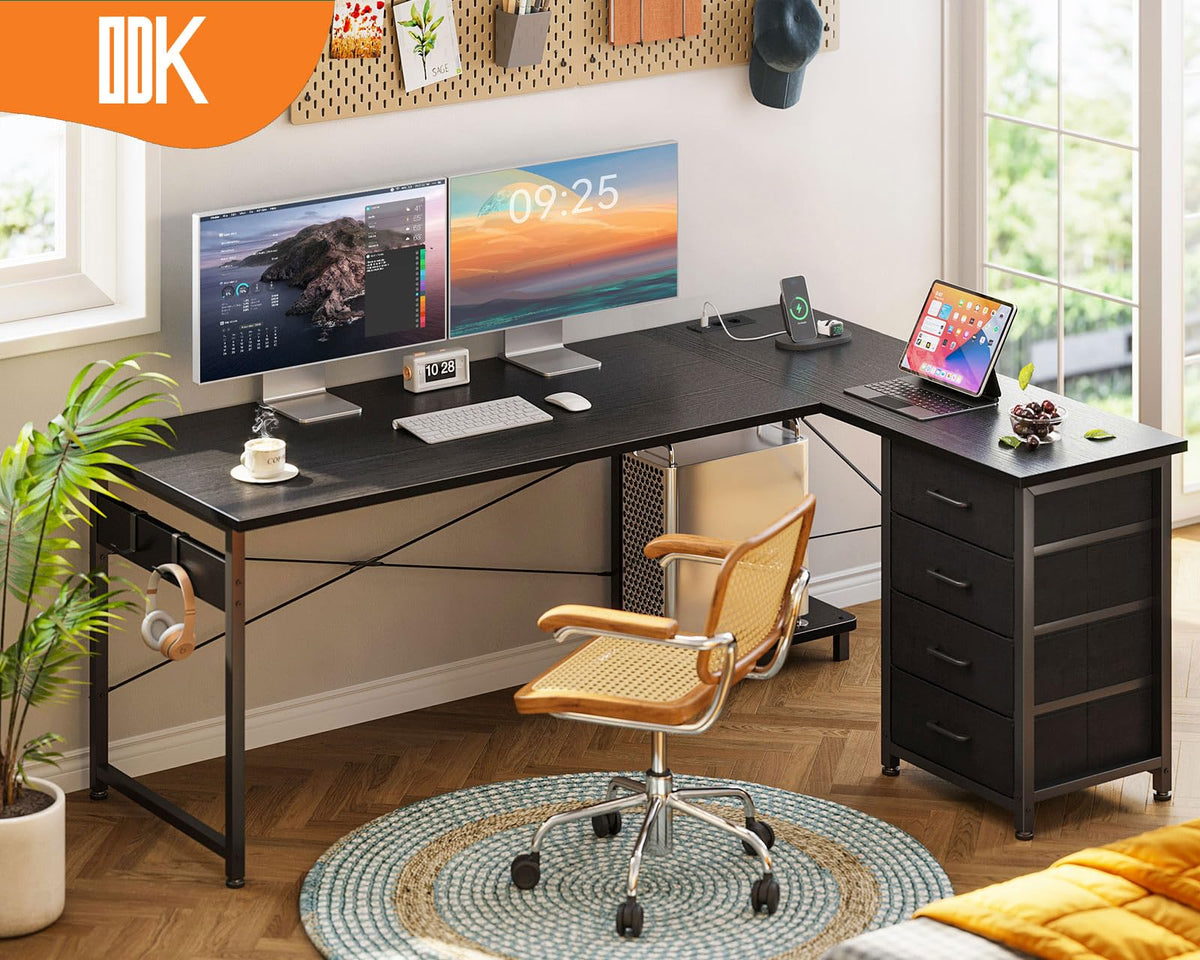 ODK Corner Desk with 4 Drawers, 155 x 110 cm, L Shape Desk with Socket and USB Charging Port, Reversible Desk with Storage Space for Office, Study, Bedroom, Vintage Brown