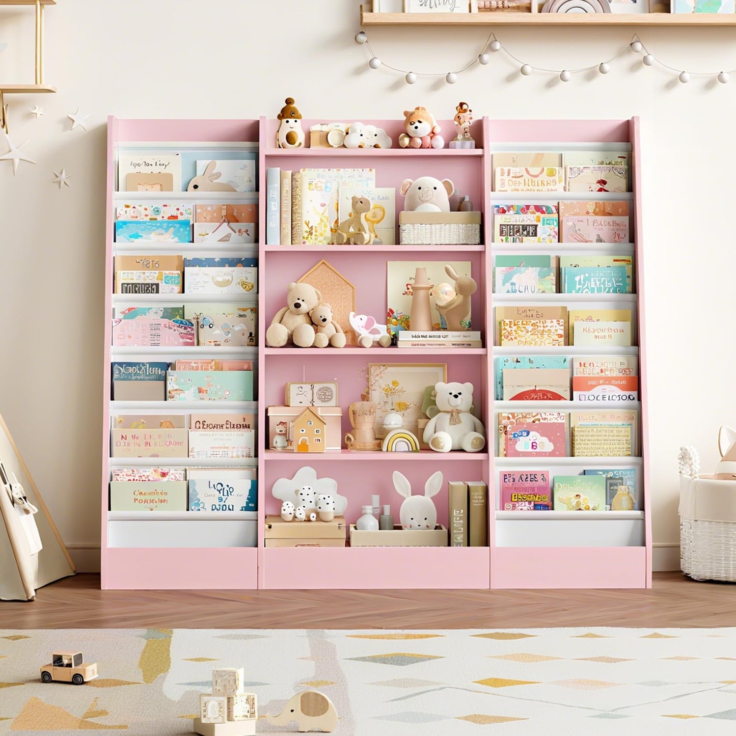 FOREHILL 129 cm Breite Kinderregal, Bücherregal für Kinder mit 14 Ablagen, Kinderzimmer Möbel aus Holz, Spielzeugregal, Regal für Kinderzimmer, Kindergarten, Leseecke, 129 x 120 x 35 cm (weiß)