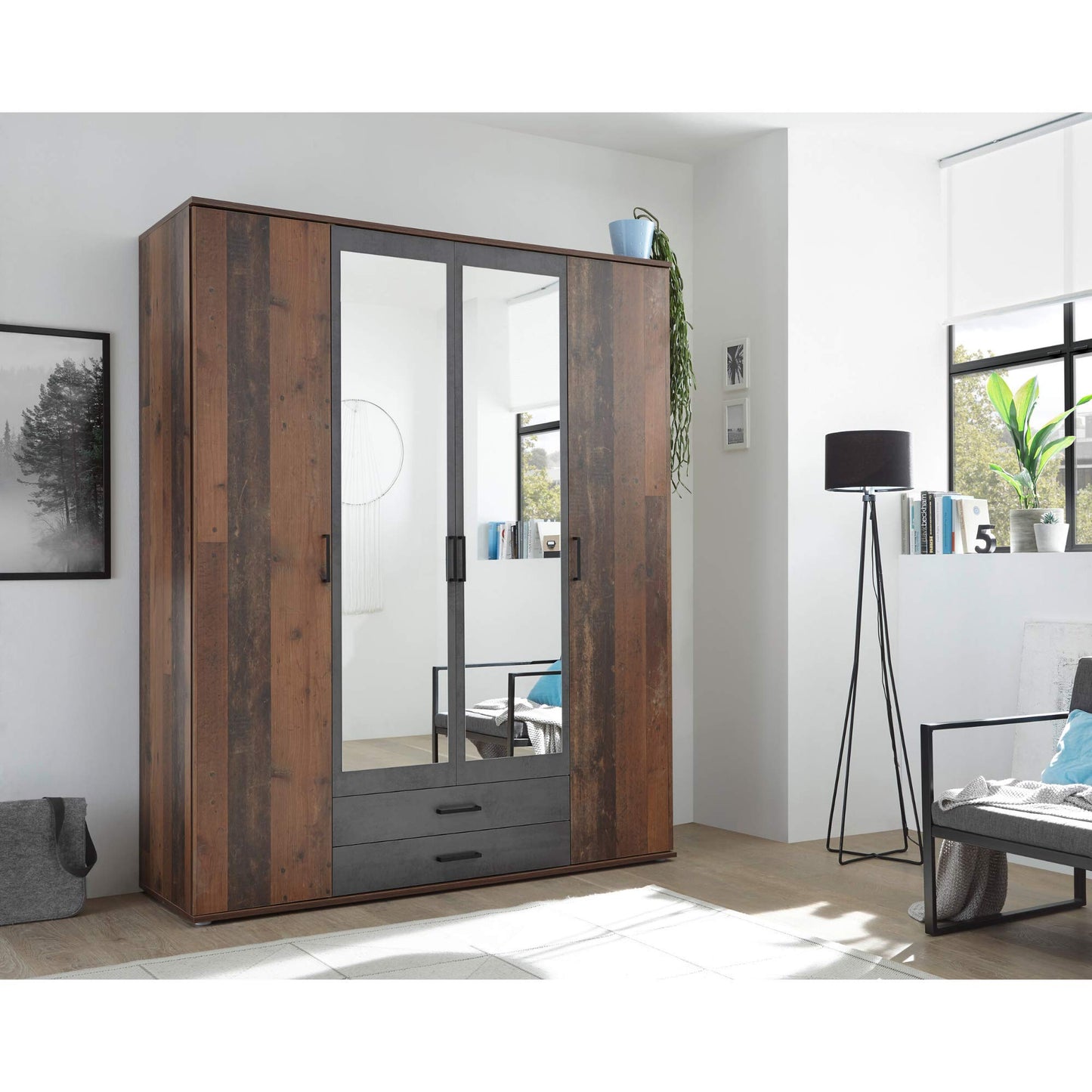 Stella Trading CHICAGO Eleganter Kleiderschrank mit viel Stauraum - Vielseitiger Drehtürenschrank in Artisan Eiche Optik und Absetzungen in Anthrazit - 156 x 197 x 54 cm (B/H/T)