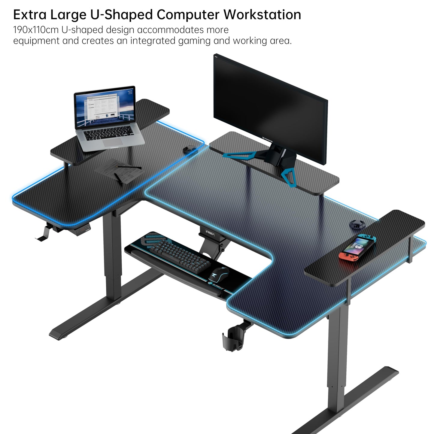 EUREKA ERGONOMIC Height Adjustable Desk 182 x 76 cm Standing Desk in Wing Shape Gaming Table Height Adjustable Electric Large Gaming Desk with LED Monitor Stand and Keyboard Shelf
