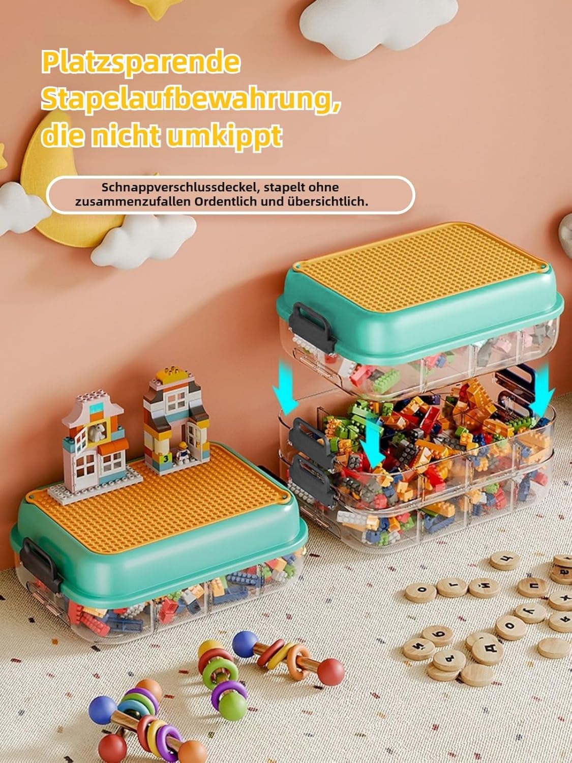 TEYOUAI Aufbewahrungsboxen Organizer mit Deckel für Lego Cube 3 Schichten Stapelbar Klar Spielzeugkiste für Bausteine Steine Puzzle Board Organizer Zubehör Grün