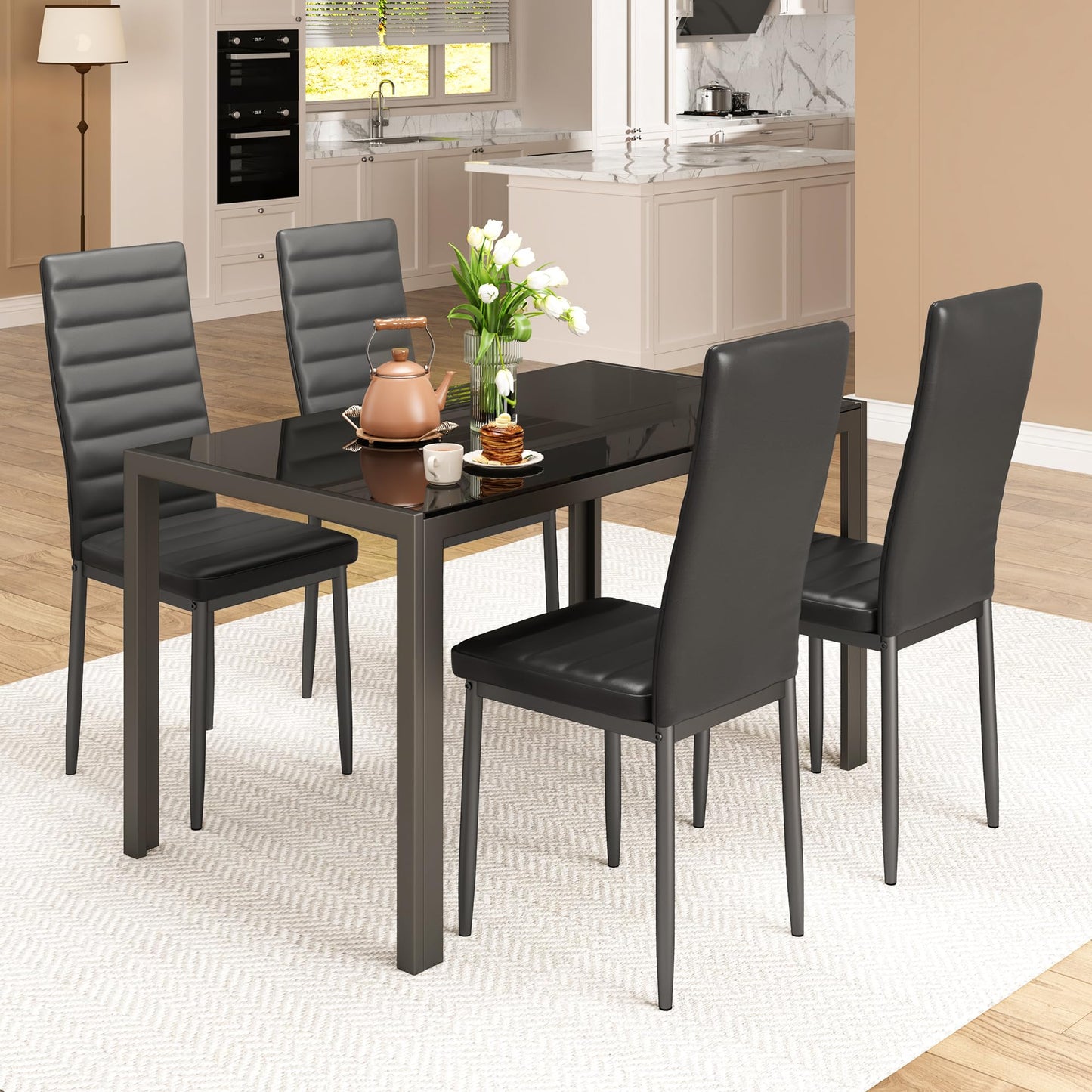 Bealife Dining Table with 4 Chairs Set, Dining Table and Chairs for 4 People, Dining Room 6 Chairs and Table, Set with Dining Table and Chairs for Kitchen, Dining Room and Living Room (Black, 4