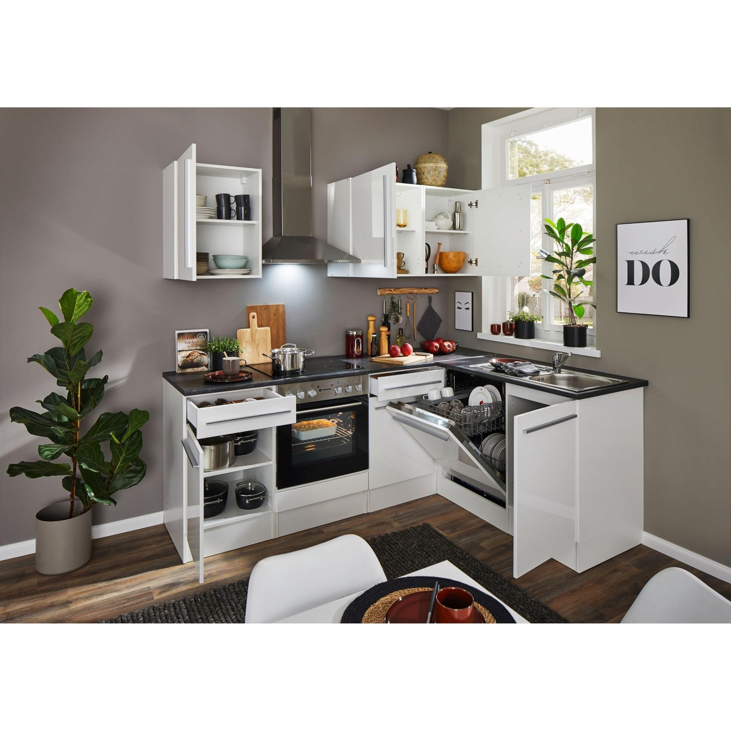 Jazz 8 Modern Corner Kitchen without Electrical Appliances in White High Gloss, Metallic Grey - Spacious Kitchen Unit in L-Shaped with Lots of Storage Space - 220 x 211 x 60 cm (W x H x D)
