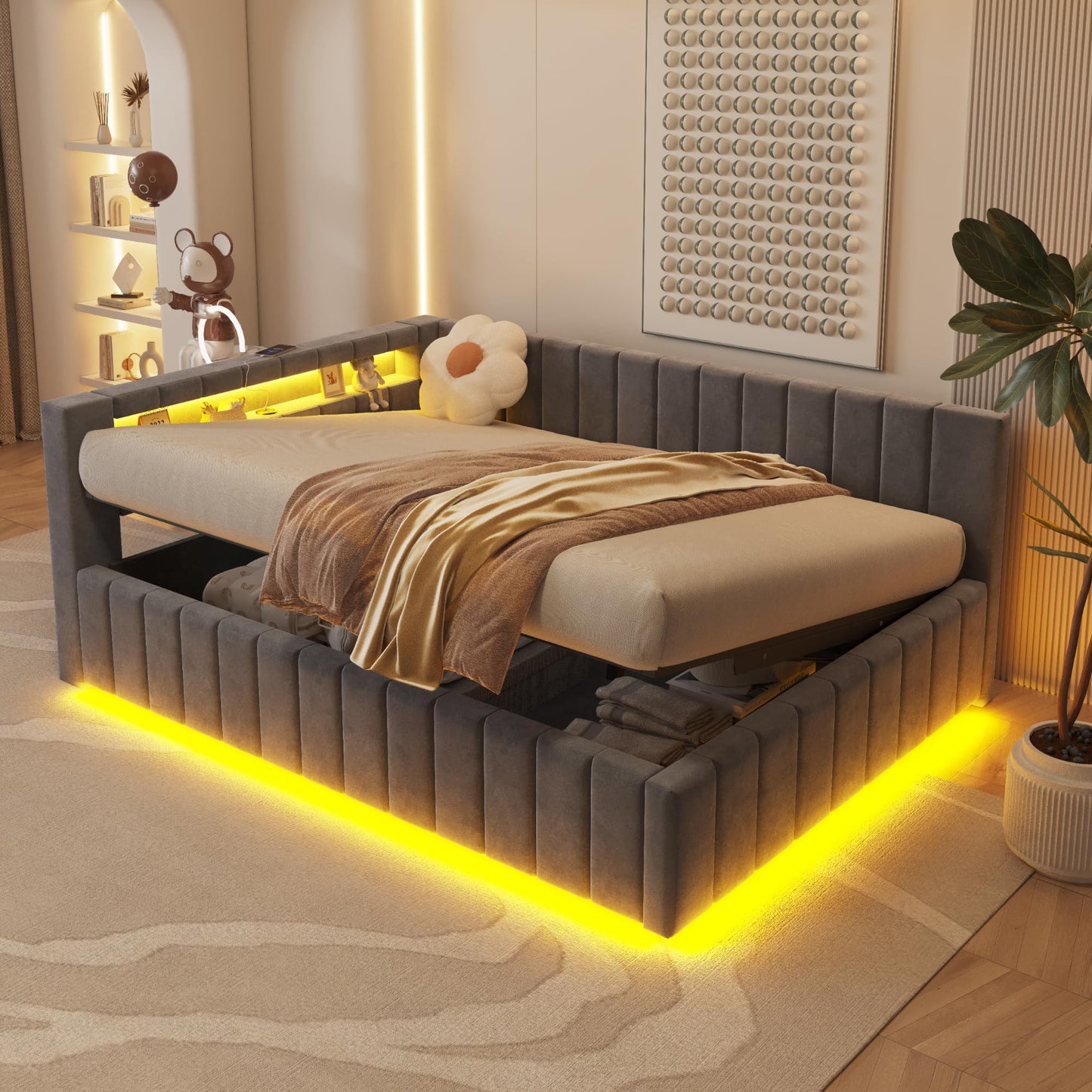 KEYIDE Upholstered Sofa Bed, 140 x 200 cm with LED Lighting and USB Charging, Bed Frame with Wooden Slatted Frame, Day Bed, Guest Bed, Youth Bed, Velvet Fabric, Without Mattress (Grey, 140 x 200)