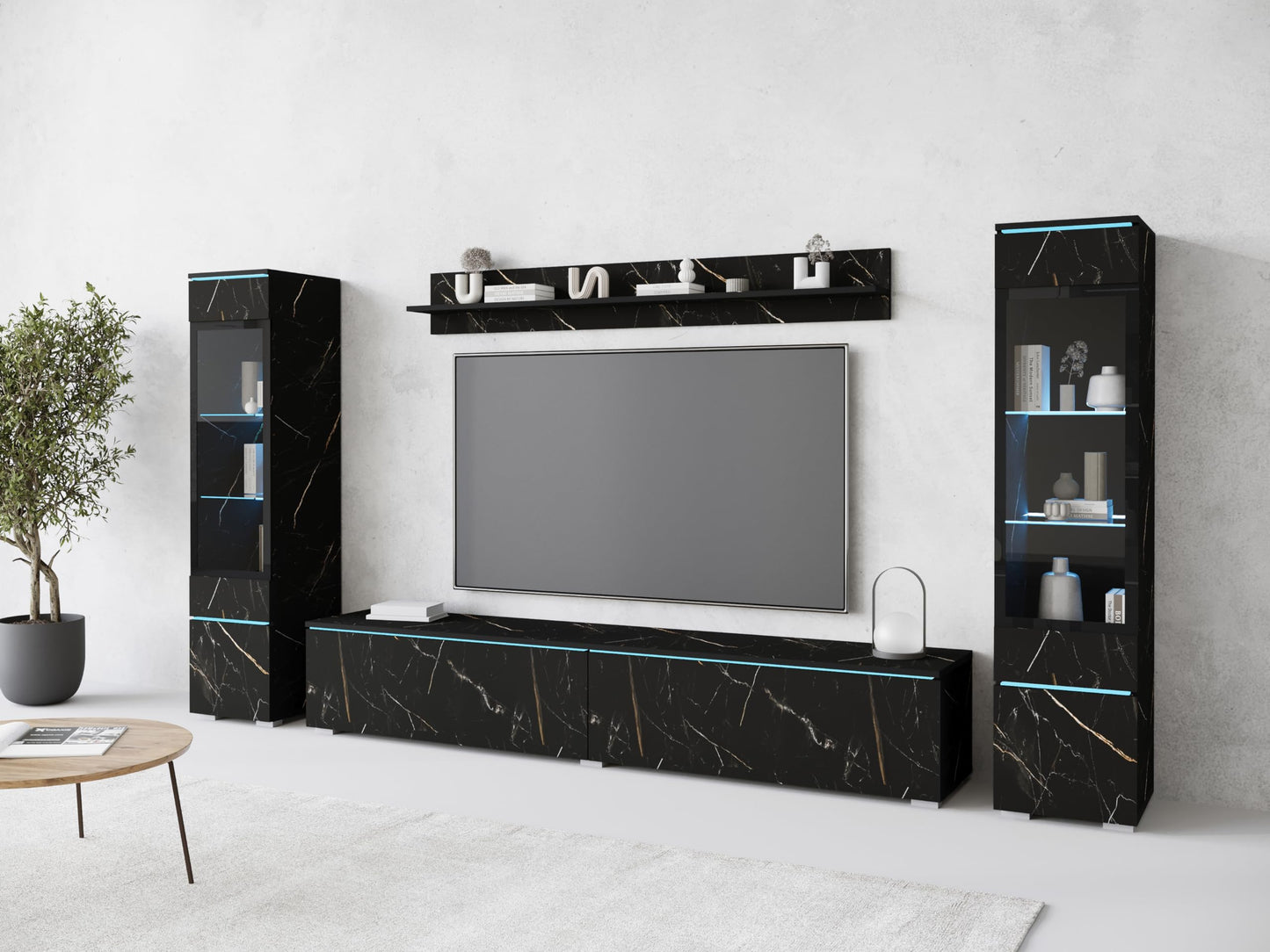 MINIO go for it Veve 2, 4-Piece Wall Unit Set, Hanging or Standing, 2 x Tall Cabinet Display Cabinets, Lowboard, Wall Board, Laminated Clamping Plate, Wotan Oak and Black Gloss, without Lighting