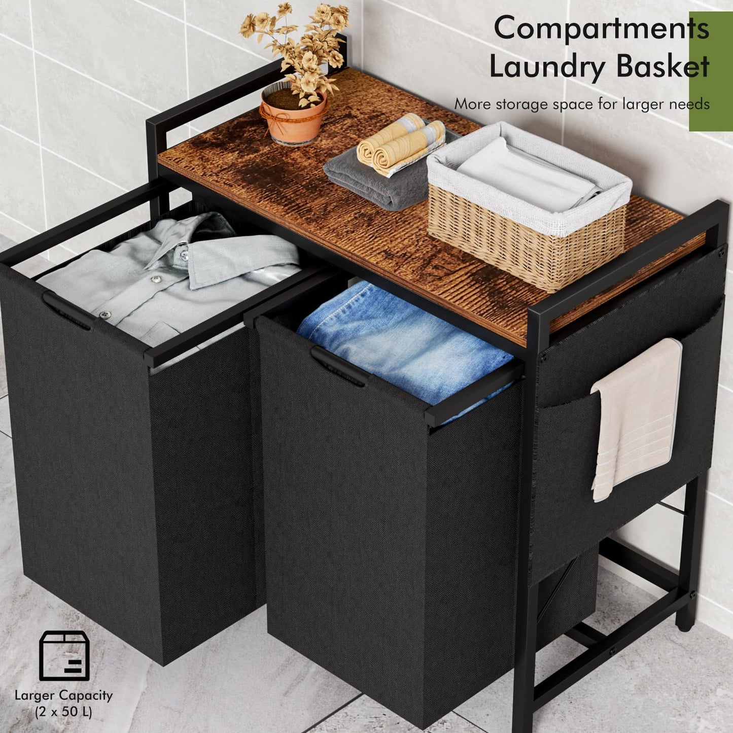 Laundry Basket, 3 Compartments, Laundry Hamper with Shelf, Total Capacity 160 L, Oxford Fabric Laundry Bag, Extendable, Removable, Laundry Box with Side Pockets and X-Shape Holder (3