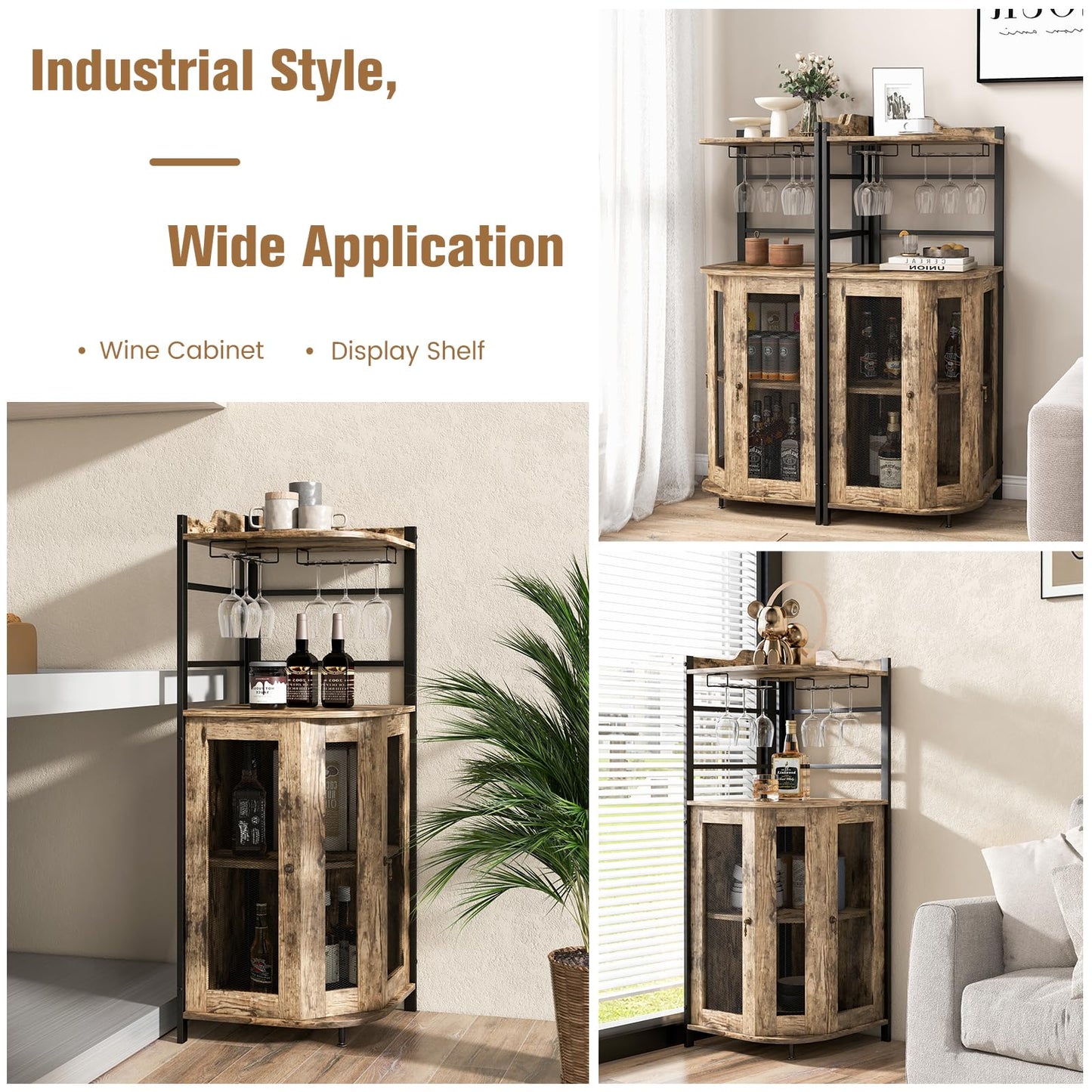 GIANTEX Weinschrank Eckschrank Industrial, Barschrank mit Glashalter, Weinbarschrank mit verstellbarem Regal, Küche Hausbar mit Metallgittertüren, Küchenschrank mit Kippschutz, 46 x 46 x 130 cm