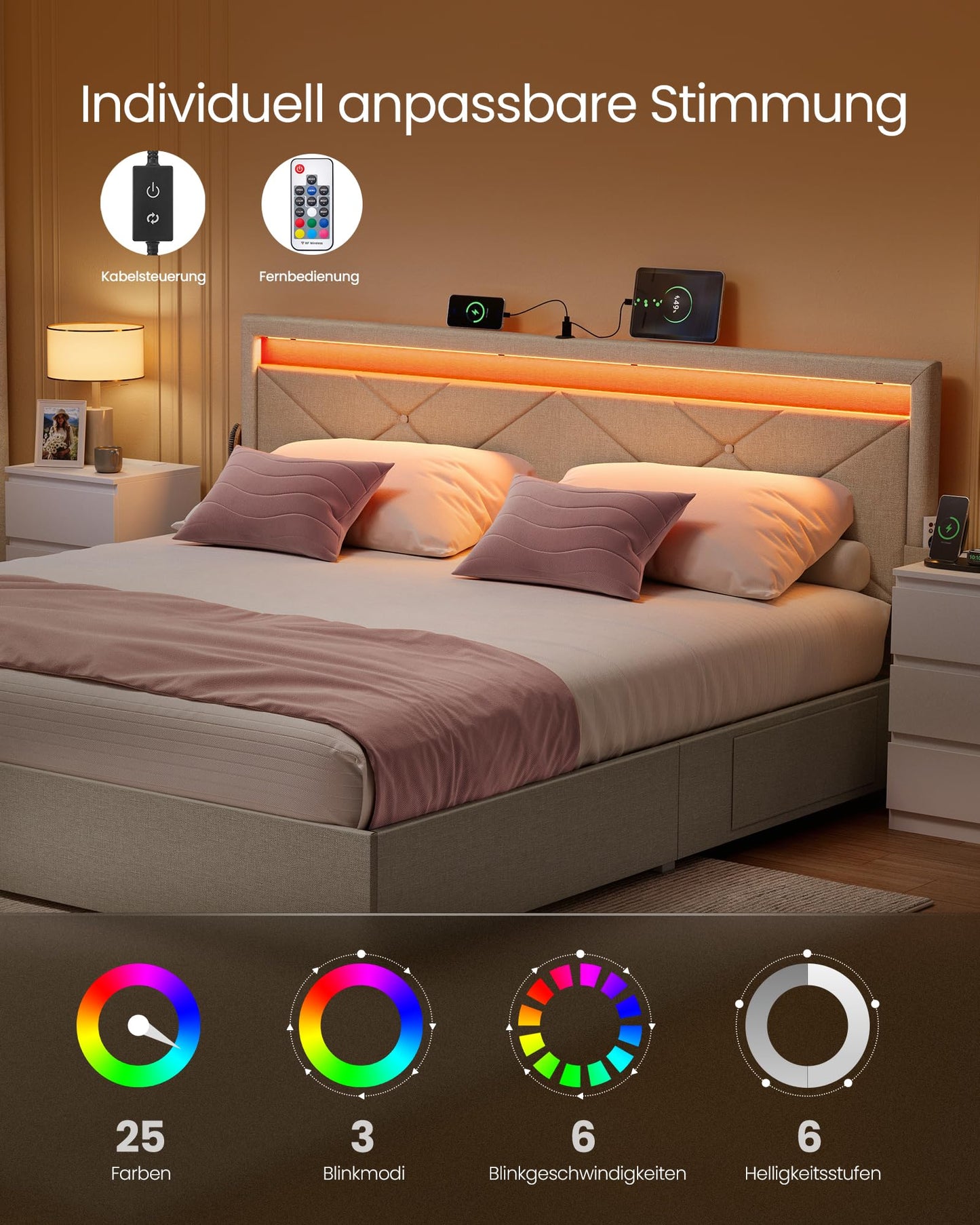 VASAGLE Double Bed Frame - Fits 140 x 200 cm Mattress - LED Metal Bed - 4 Drawers - Charging Station - Adjustable Padded Headboard - Slate Grey RMB827G02