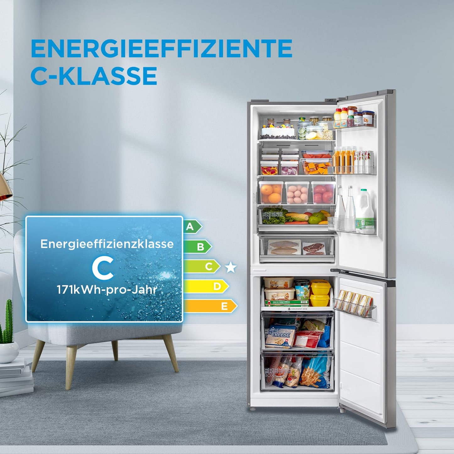 Midea MERB276FGE02A Kühl-/Gefrierkombination/180 cm Höhe/NoFrost/Doppelte Steuerung/Super-Kühlfunktion/219 kWh/Jahr/199L Kühlteil/71L Gefrierteil