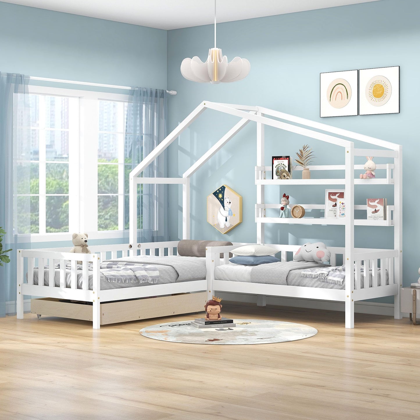 Merax Hausbett 90x200 cm mit 2 Schubladen, für 2 Kinder Doppelbett, Vielseitiges Holz Baumhausbett für Mädchen & Jungen, Stabil Spielbett Gitterbett mit Rausfallschutz und Lattenrost, Weiß
