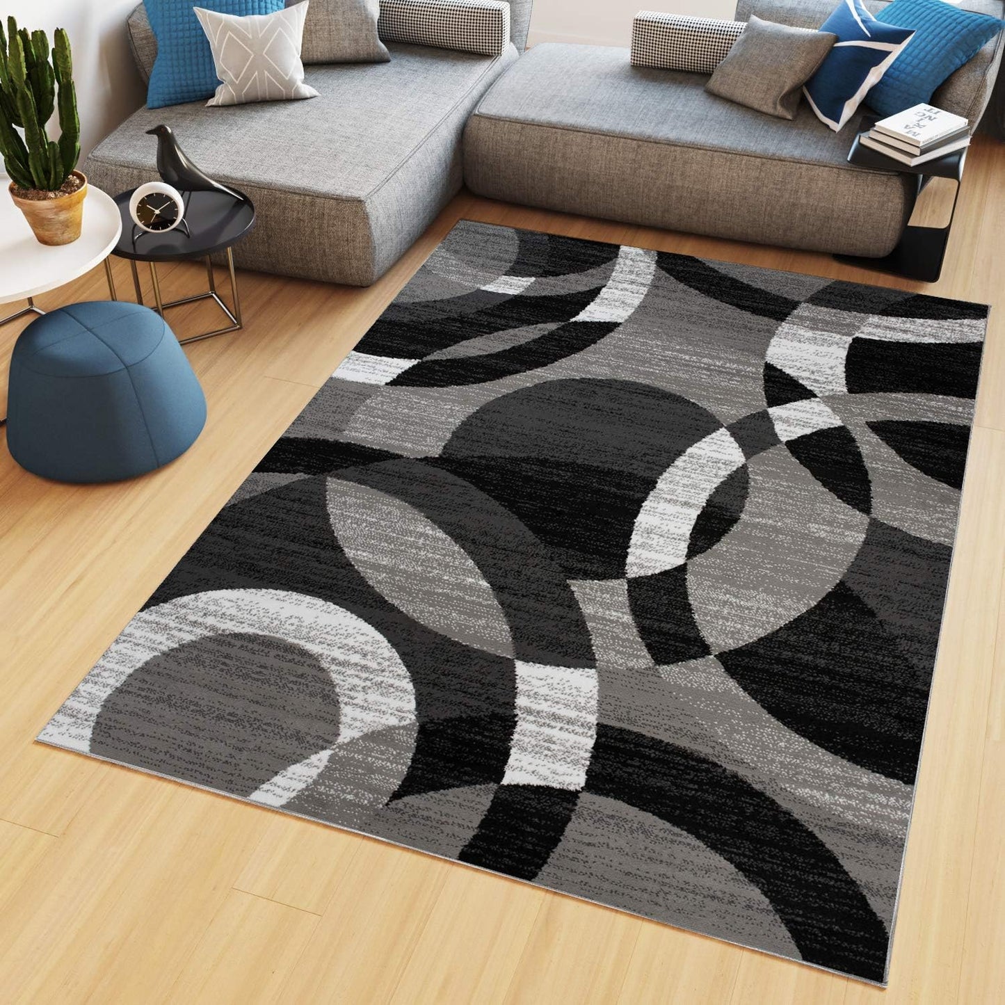 TAPISO Maya Short Pile Rug, Modern Floral Design, Black/Grey/Yellow/White, for Bedrooms, Children's Rooms, OEKO-TEX, 160 x 230 cm