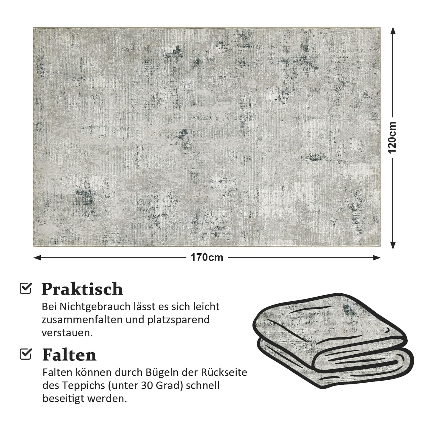 Guchuang Bedding Living Room Rug 140 x 200 cm, Grey Green Rug Vintage Mottled Smudged Design Short Pile Rugs, Washable Non-Slip Rugs for Bedroom