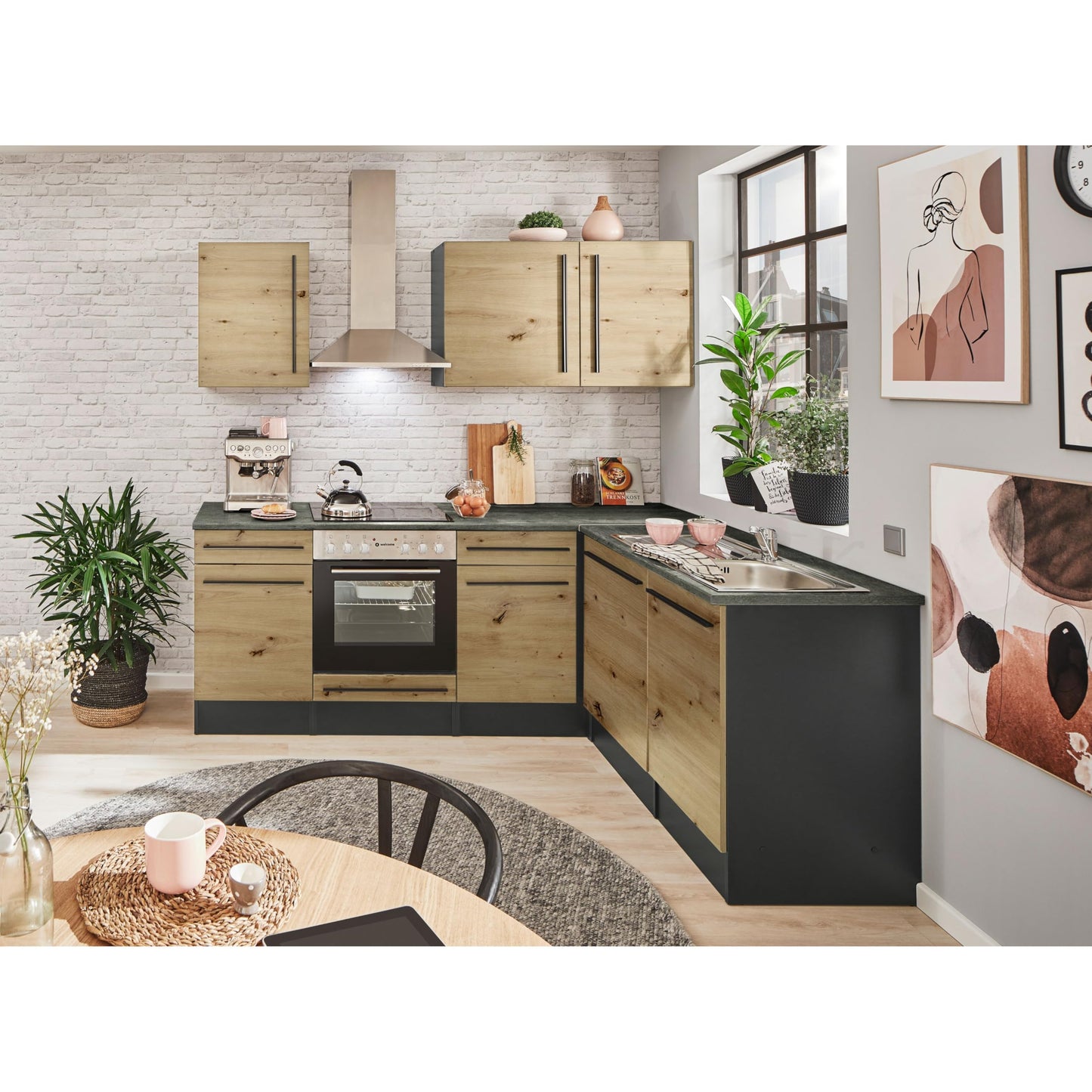 Jazz 8 Modern Corner Kitchen without Electrical Appliances in White High Gloss, Metallic Grey - Spacious Kitchen Unit in L-Shaped with Lots of Storage Space - 220 x 211 x 60 cm (W x H x D)