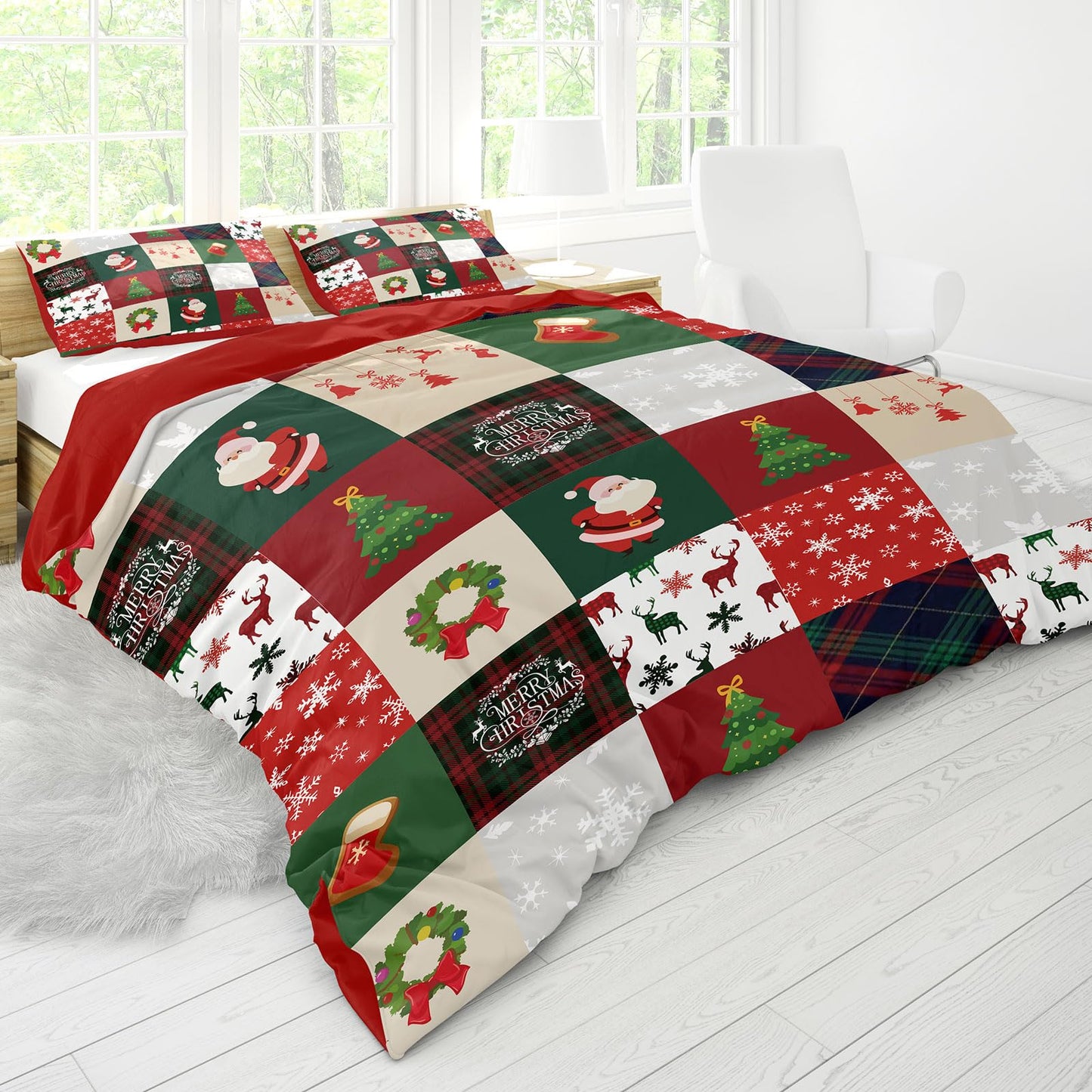 UGZDEA Christmas Bed Linen Set 200 x 200 cm, 3D Christmas Bedding Set with 2 Pillowcases, Santa, Christmas Tree, Deer, Christmas Gift for Teenagers (I, 200 x 200 cm)