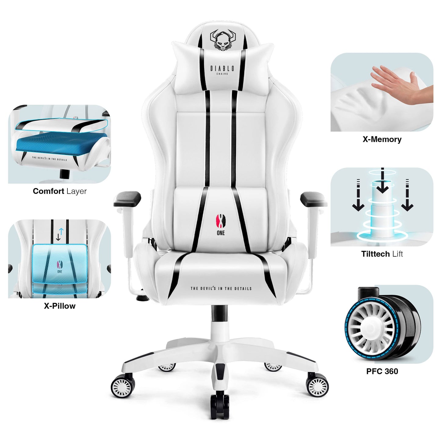 Diablo X-One 2.0 Gaming Stuhl Gamer Chair Bürostuhl Schreibtischstuhl Verstellbare Armlehnen Ergonomisches Design Nacken/-Lendenkissen Wippfunktion Aqua Blue Normal (L)