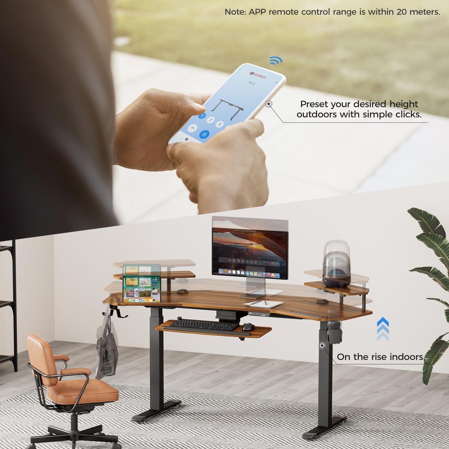 EUREKA ERGONOMIC Height Adjustable Desk 182 x 76 cm Standing Desk in Wing Shape Gaming Table Height Adjustable Electric Large Gaming Desk with LED Monitor Stand and Keyboard Shelf