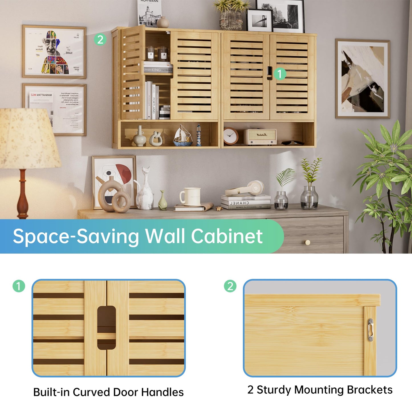 SMIBUY Bathroom Cabinet, Wall Mounted, Bamboo Over the Toilet Storage Organiser, Space Saving Medicine Cabinet with 2 Doors and Adjustable Shelves (Black)