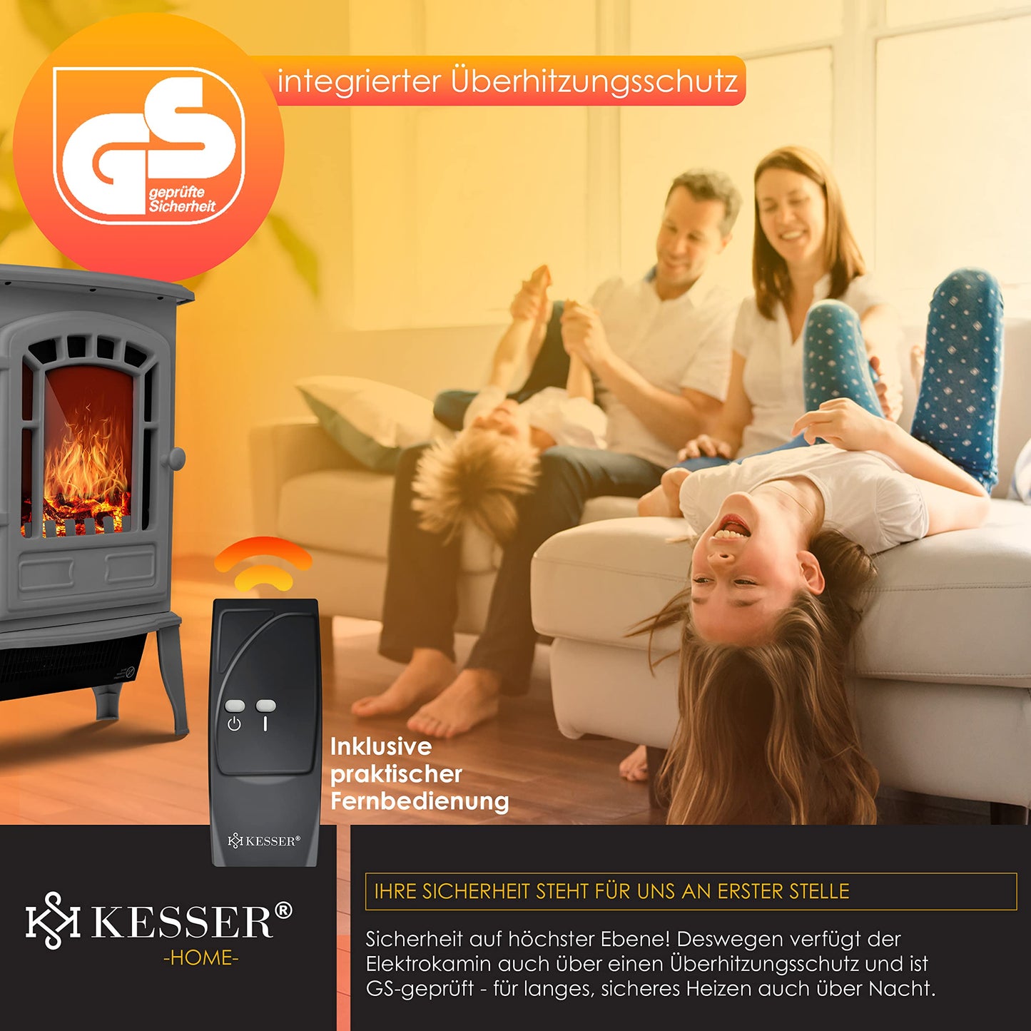 KESSER® Elektrokamin mit Heizlüfter & Fernbedienung 2000W Elektro Kamin Elektrischer Heizung LED Kaminfeuer Effekt Kaminofen Flammeneffekt Heizer Ofen geräuscharm regelbar Grau