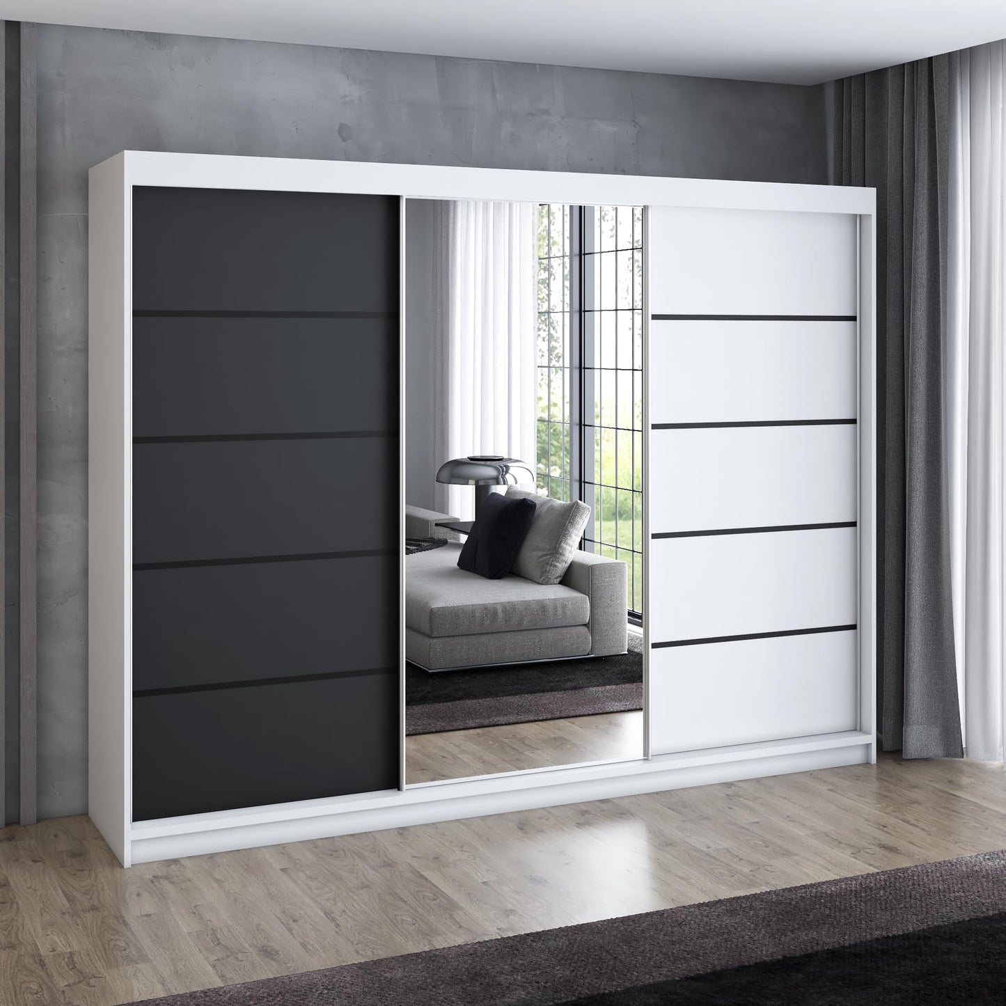 A&J MöbelLand Schwebetürenschrank VILANO 2, 3-türig Schrank 200 cm Kleiderschrank mit 4 Schubladen, und Spiegel (Weiß, Schwarz, Somona) (Schwarz/schwarz/schwarz)