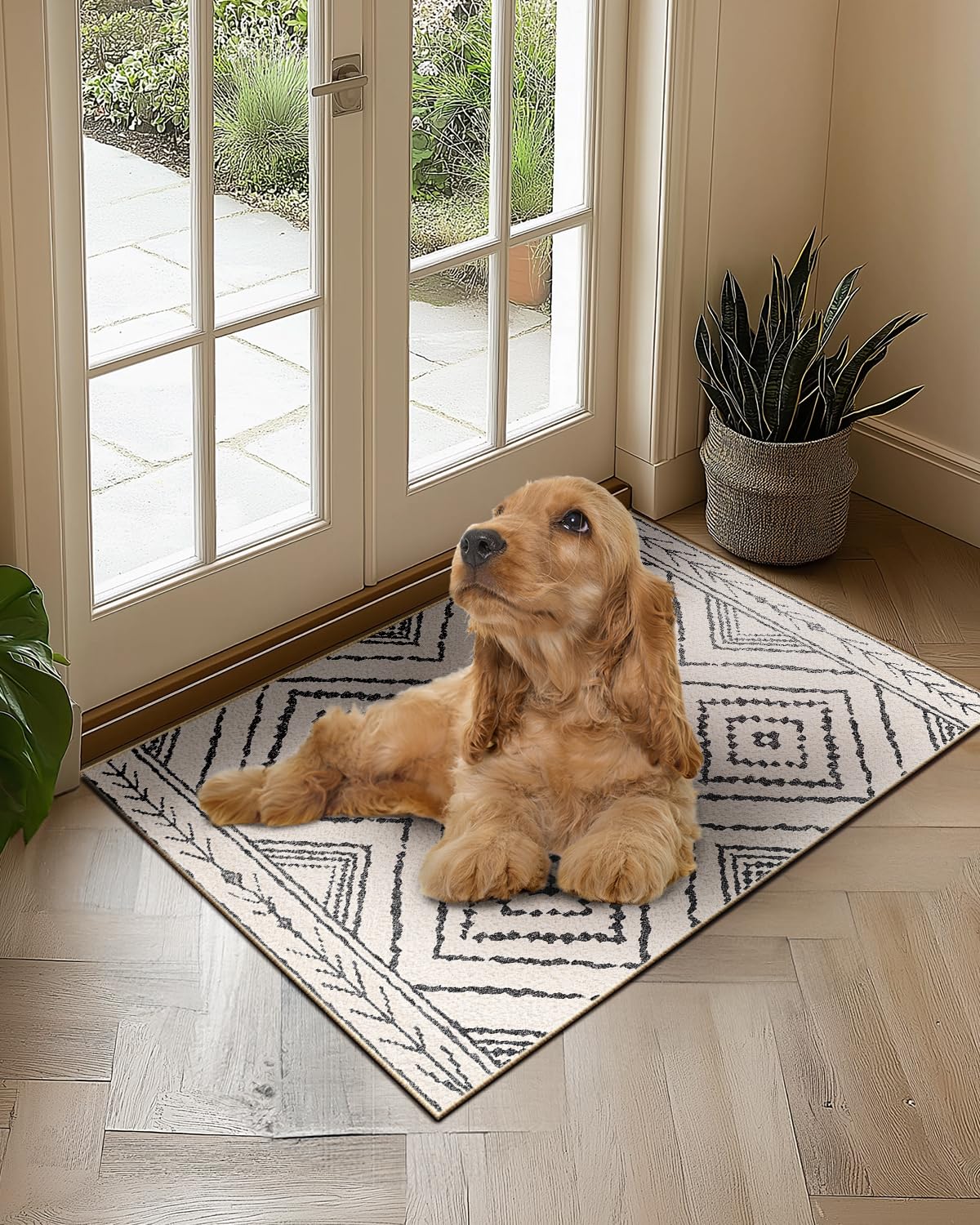 DEFYNEE Teppich Wohnzimmer 120 x 180 cm – Waschbarer Kurzflor Teppich, rutschfest, Vintage & Boho Stil, Pflegeleicht – Für Flur, Wohnzimmer, Schlafzimmer & Esszimmer, Dunkelblau