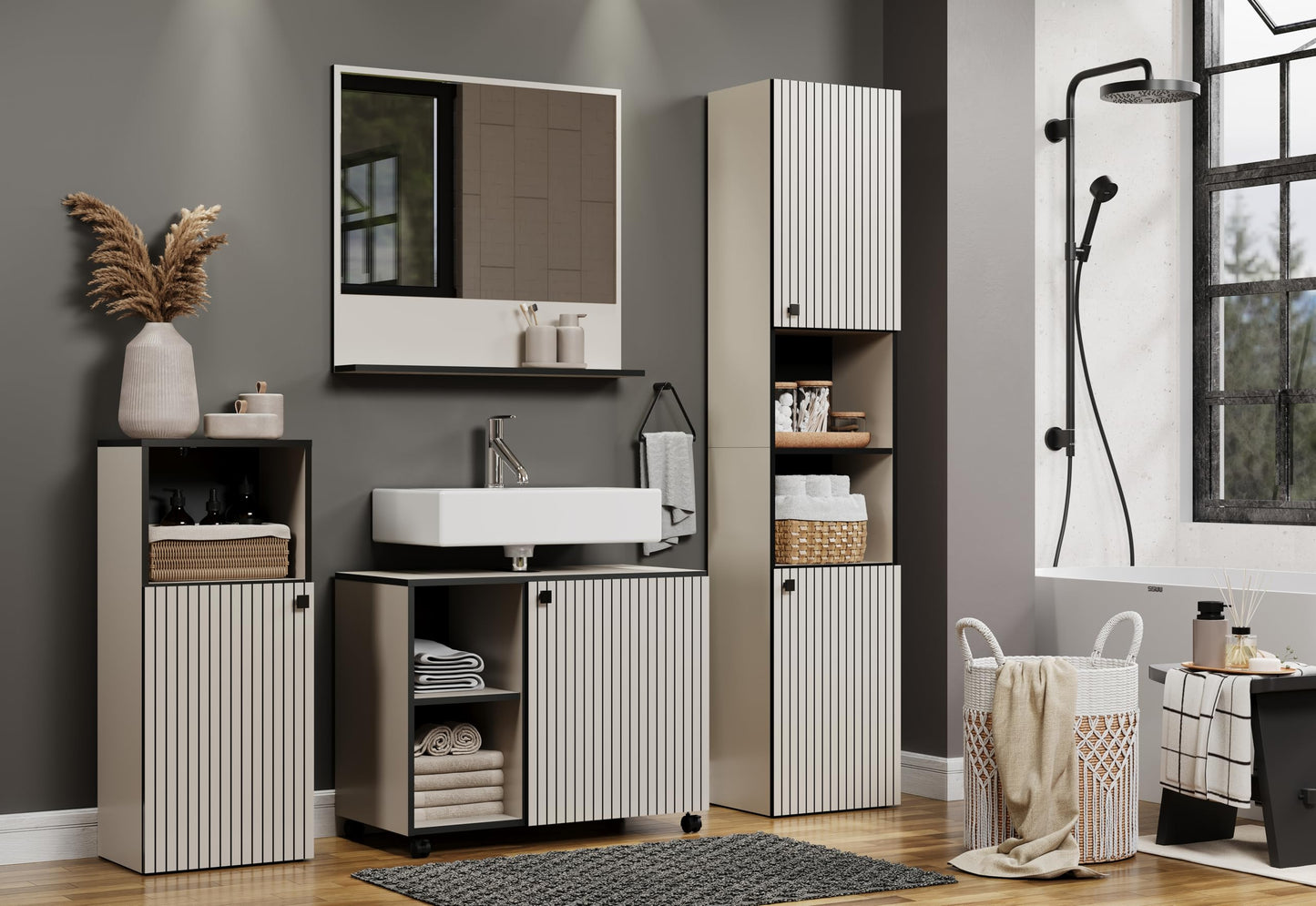 trendteam smart living - PureBliss - Hochschrank - Eiche - Badezimmerschrank in moderner Rillenoptik - edle Metallgriffe - (BxHxT) 40 x 186 x 31 cm - 2 praktische Einlegeböden - kratzfest