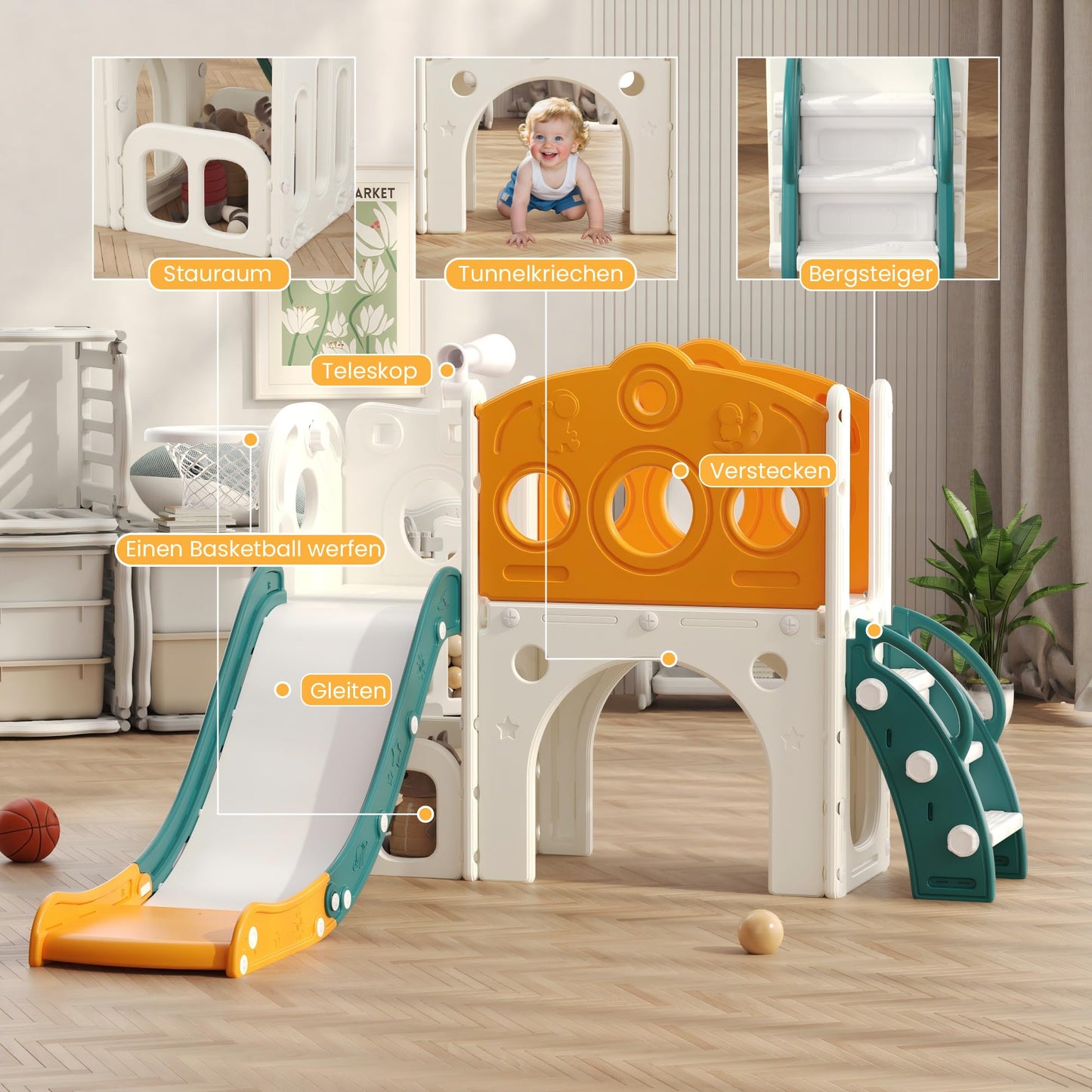 Hominewti Kinderrutsche, 8-in-1-Montessori Kinder Spielplatz mit Basketballkorb, Teleskop und Klettergerüst, Babyrutsche für Kleinkinder, Spielplatz für drinnen und draußen, Grün