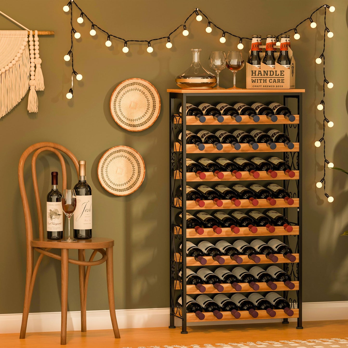 Weinregal für 48 Flaschen mit Holzplatte, freistehendes Weinflaschen-Organizer-Regal, wackelfrei, 8 Etagen, Weinständer für Küche, Speisekammer, 64 x 27 x 120 cm (L x B x H)