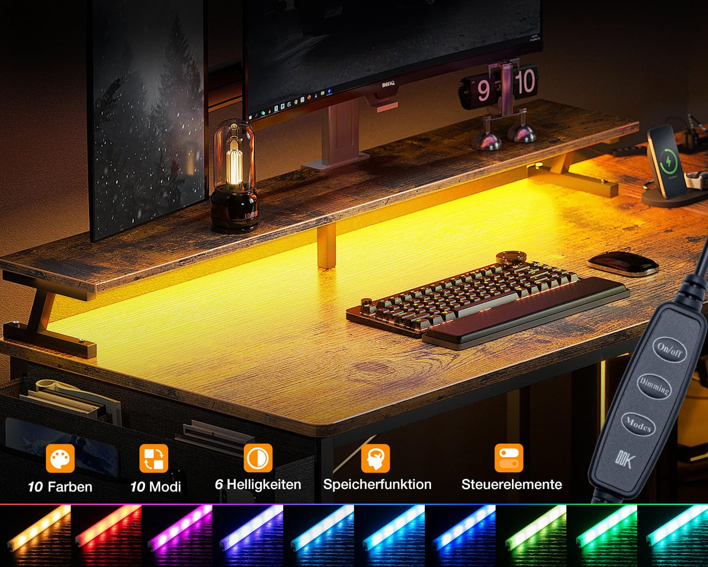 ODK Eckschreibtisch mit 4 Stoff Schubladen, 160x80cm Reversible Schreibtisch L Form mit 2 Steckdosen und 2 USB Ladeanschluss, Gaming Tisch L Form mit LED&Monitorständer für Home Office, Schwarz