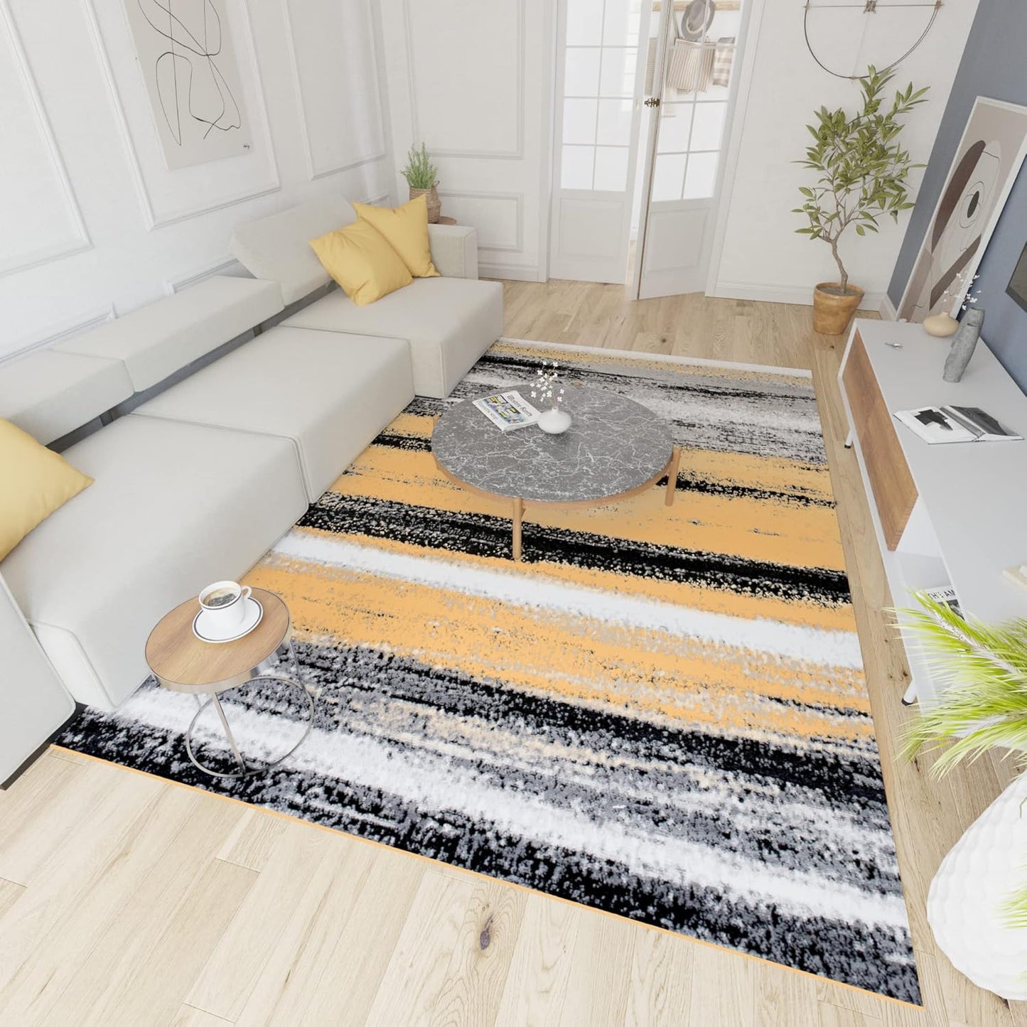 Mazovia Modern Rug, Short Pile, Oeko-Tex Rug for Living Room, Bedroom, Dining Room, Robust and Easy to Clean, Low Pile Height, Grey Yellow, 250 x 350 cm