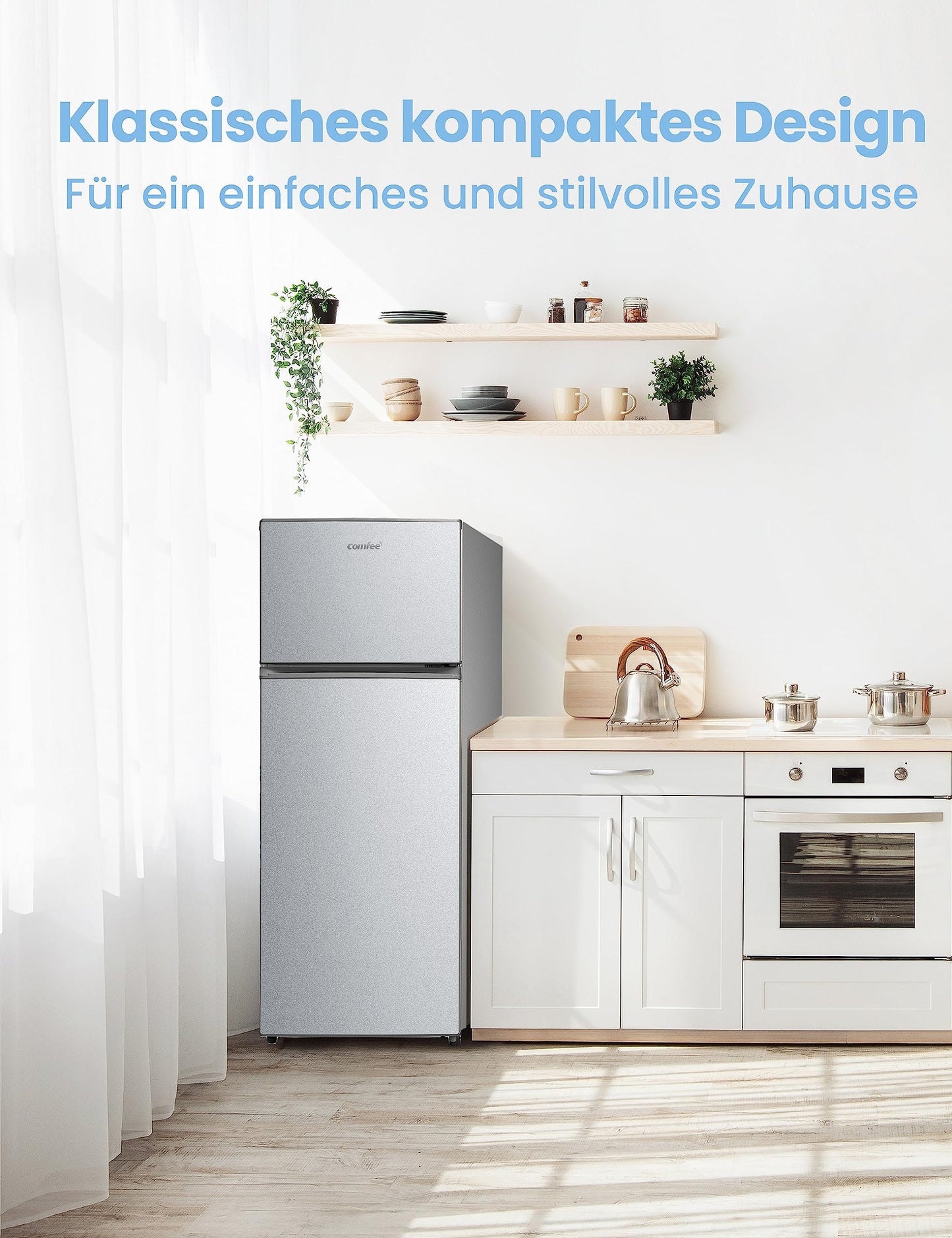 Comfee RCT284DK2A Fridge/Freezer, Top Freezer Compartment, 176 kWh/Year, 143 cm Height, LED Light, Reversible Door Hinge, Black