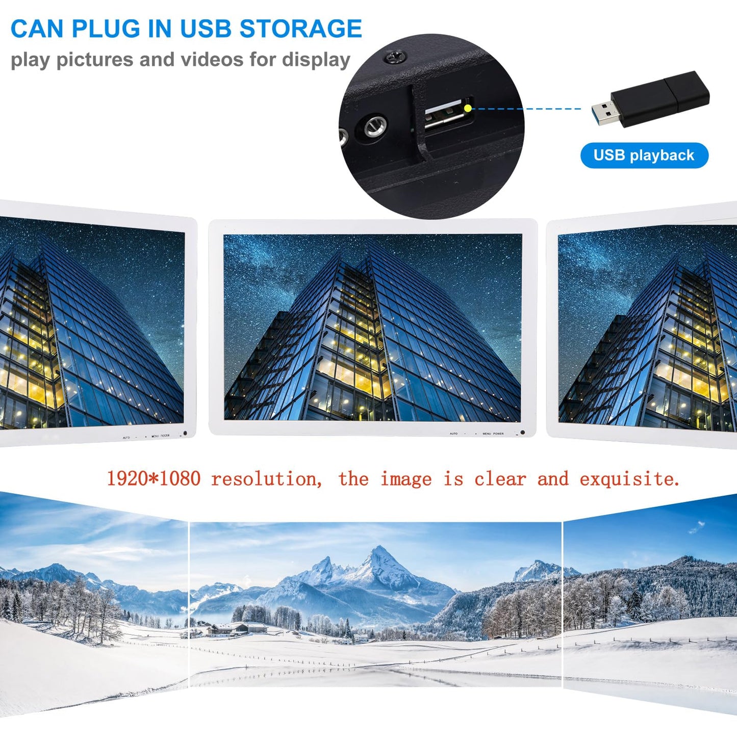 Eoulyee 19 Zoll Weißer Überwachungsmonitor CCTV Sicherheitskamera Monitor LCD Display Bildschirm Multifunktionale HDMI, AV, BNC, VGA, USB, PC Schnittstelle Computer Monitor 1440x900 Auflösung