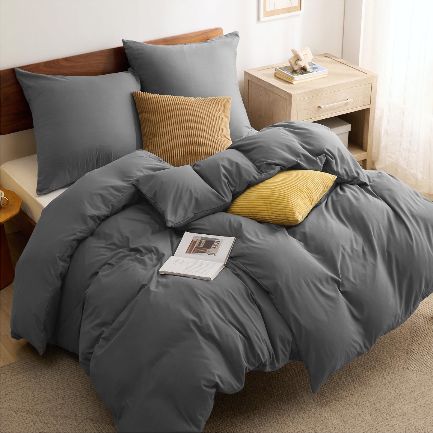 Bedsure Bed Linen 135 x 200 cm, 4-Piece Anthracite Bed Linen, 2 Duvet Covers 135 x 200 cm and 2 Pillowcases 80 x 80 cm, Oeko-Tex Bed Linen Sets, Polyester Microfibre with Zip