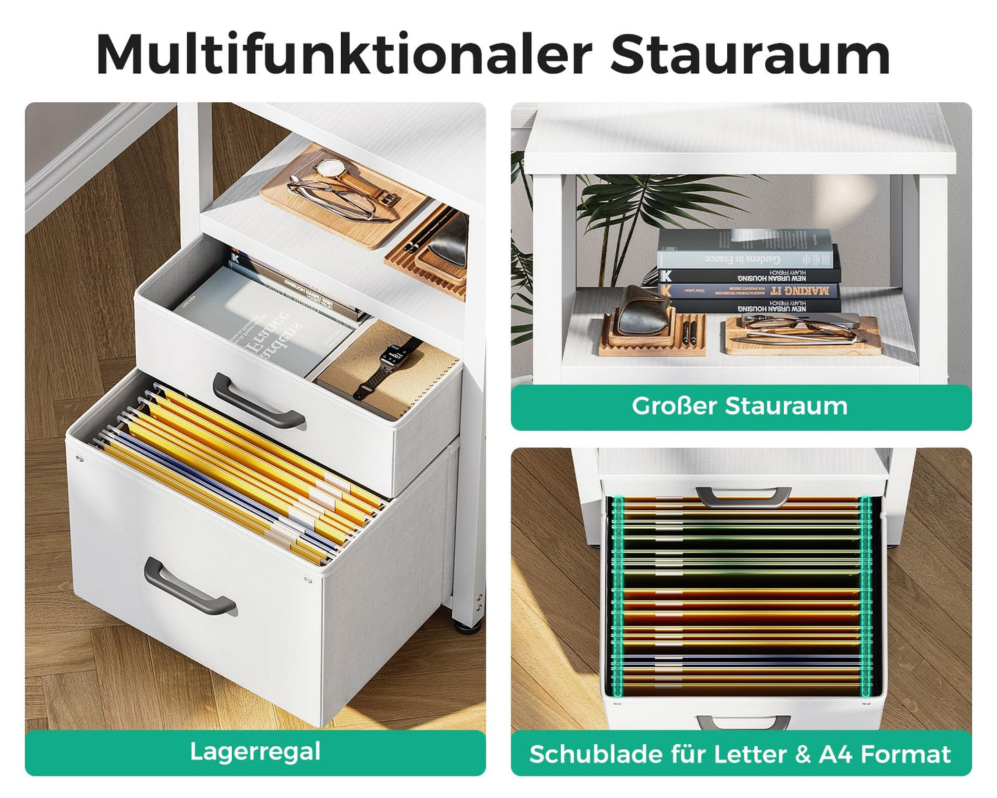 Coleshome Desk with Fabric Drawers, Reversible Desk L Shape with Filing Drawer, Corner Desk with USB Charging Port and Socket, Home Office Desks (White, 140 x 70 cm)