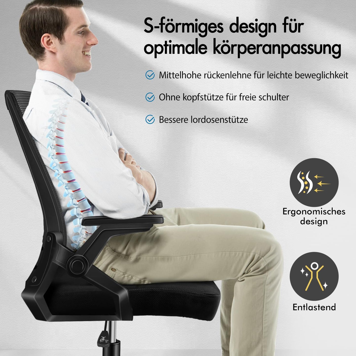 ALFORDSON Bürostuhl, Lendenstütze, Atmungsaktives Netz und Stoff, Hochklappbare/Verstellbare Armlehnen, Hochwertiger Schaumstoff, 180kg für Zuhause & Gaming, Wale, Schwarz