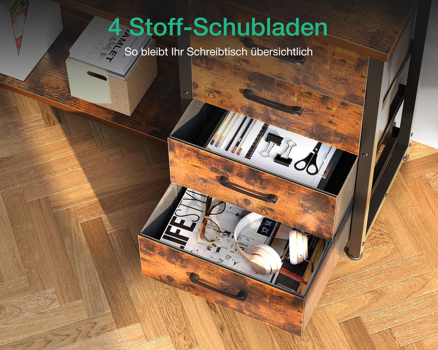 ODK Schreibtisch mit Schubladen, Reversible Eckschreibtisch mit 2 Steckdosen und 2 USB Ladeanschluss, Bürotisch L Form mit LED für Home Office 135×110cm (Graueiche)