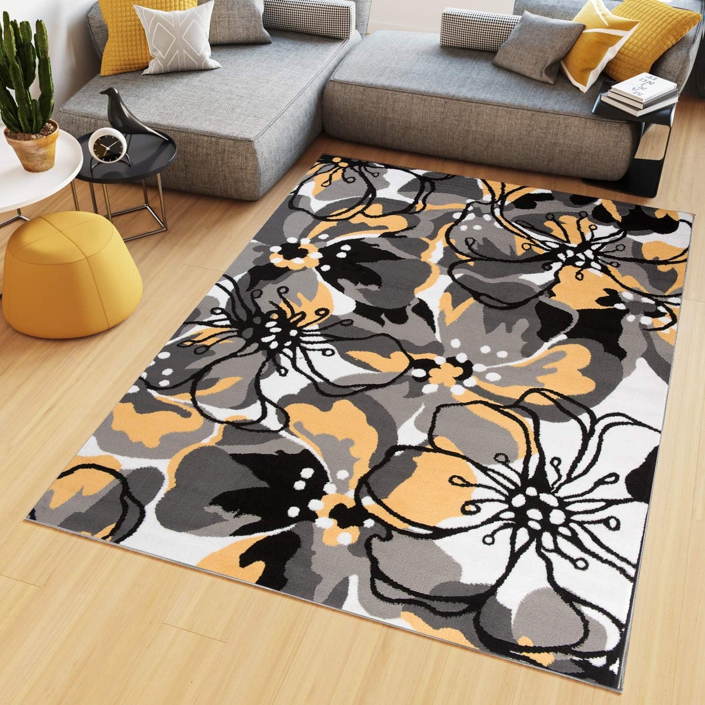 TAPISO Maya Short Pile Rug, Modern Floral Design, Black/Grey/Yellow/White, for Bedrooms, Children's Rooms, OEKO-TEX, 160 x 230 cm