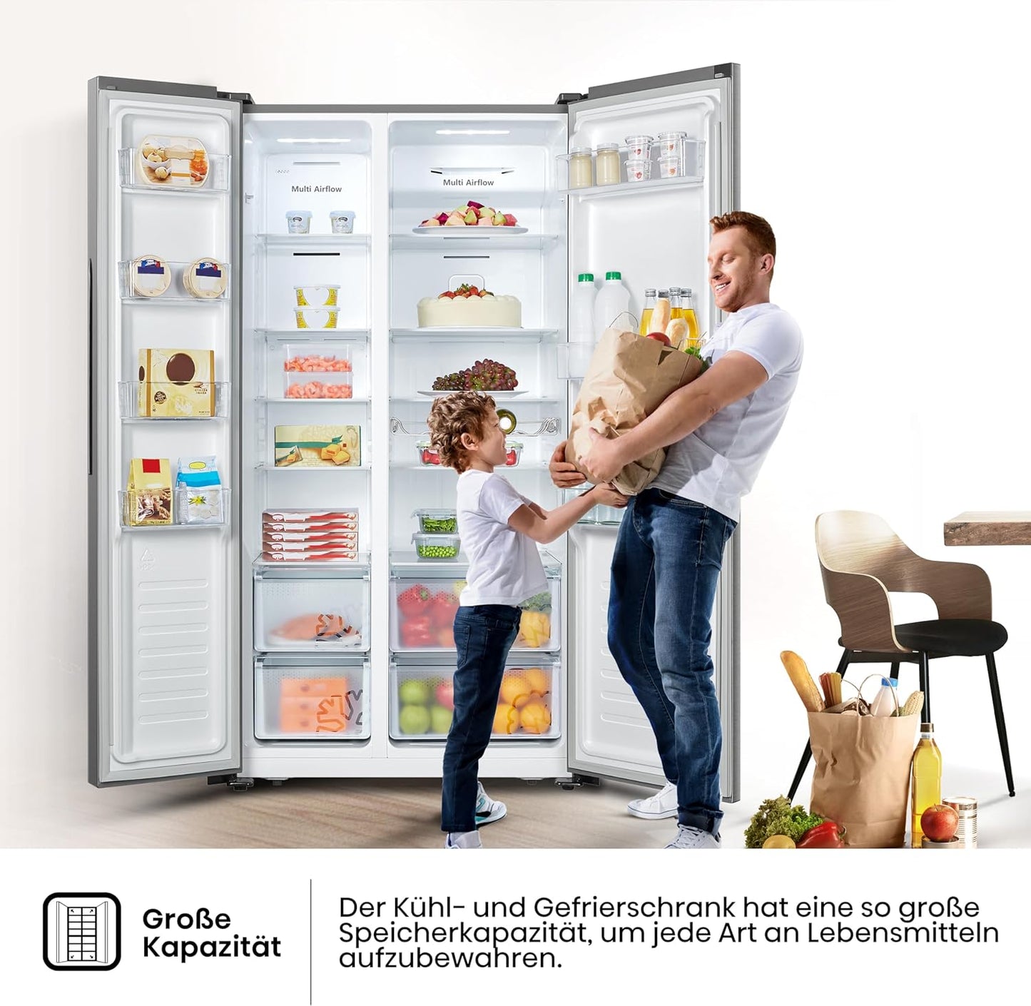 Hisense RS677N4BIE Side-by-Side Fridge Freezer / NoFrostPlus / Multiflow 360° / SuperCool / BigBox / 179.3 cm / Fridge Capacity 334 L / Freezer Capacity 185 L / 42 dB / 309 kWh Year / Stainless Steel Look