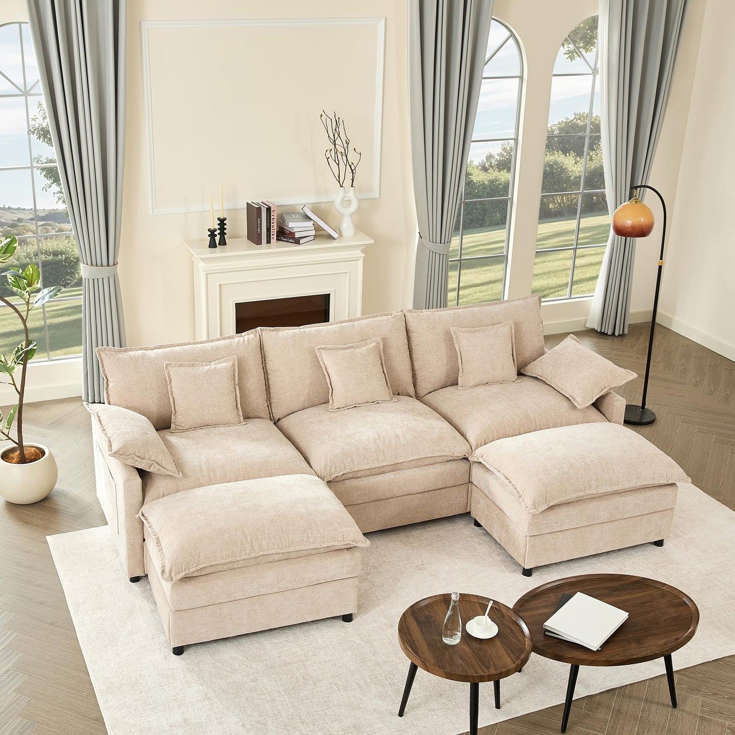 Litbird U-förmiges modulares Sofa 3-Sitzer Ecksofa mit Hocker, tiefes Sitzdesign, Cloud Couch für Wohnzimmer(Hellbraun)