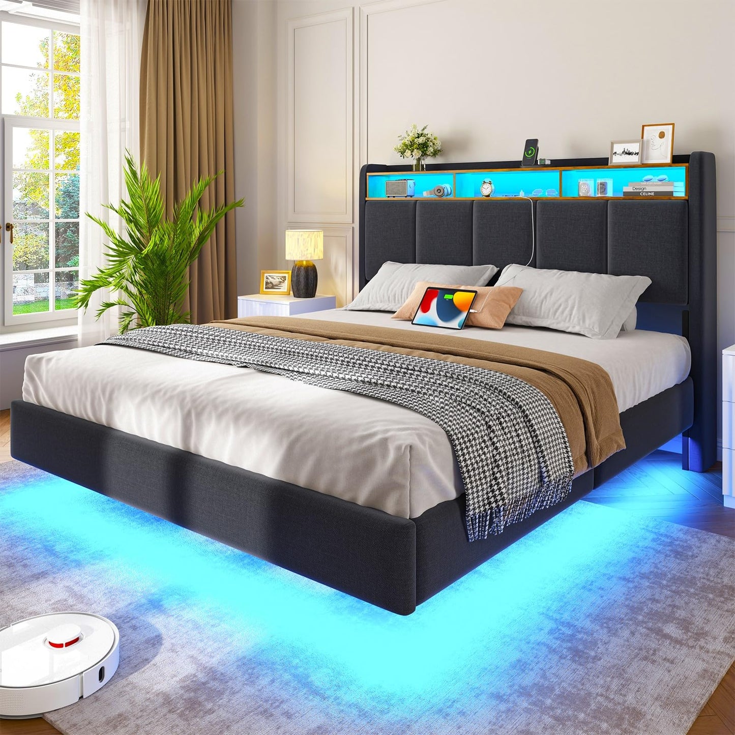 Brinlawb Upholstered Bed 140 x 200 cm Floating Bed with LED Lighting, Headboard and Charging Station (2 AC Sockets, 2 USB Ports), Bed 140 x 200 cm with Storage Space, Modern Double Bed with Slatted