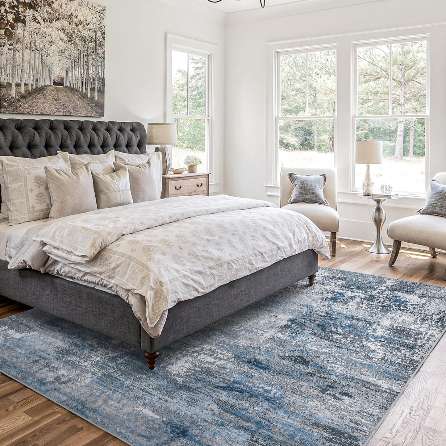 Guchuang Bedding Living Room Rug 140 x 200 cm, Grey Green Rug Vintage Mottled Smudged Design Short Pile Rugs, Washable Non-Slip Rugs for Bedroom