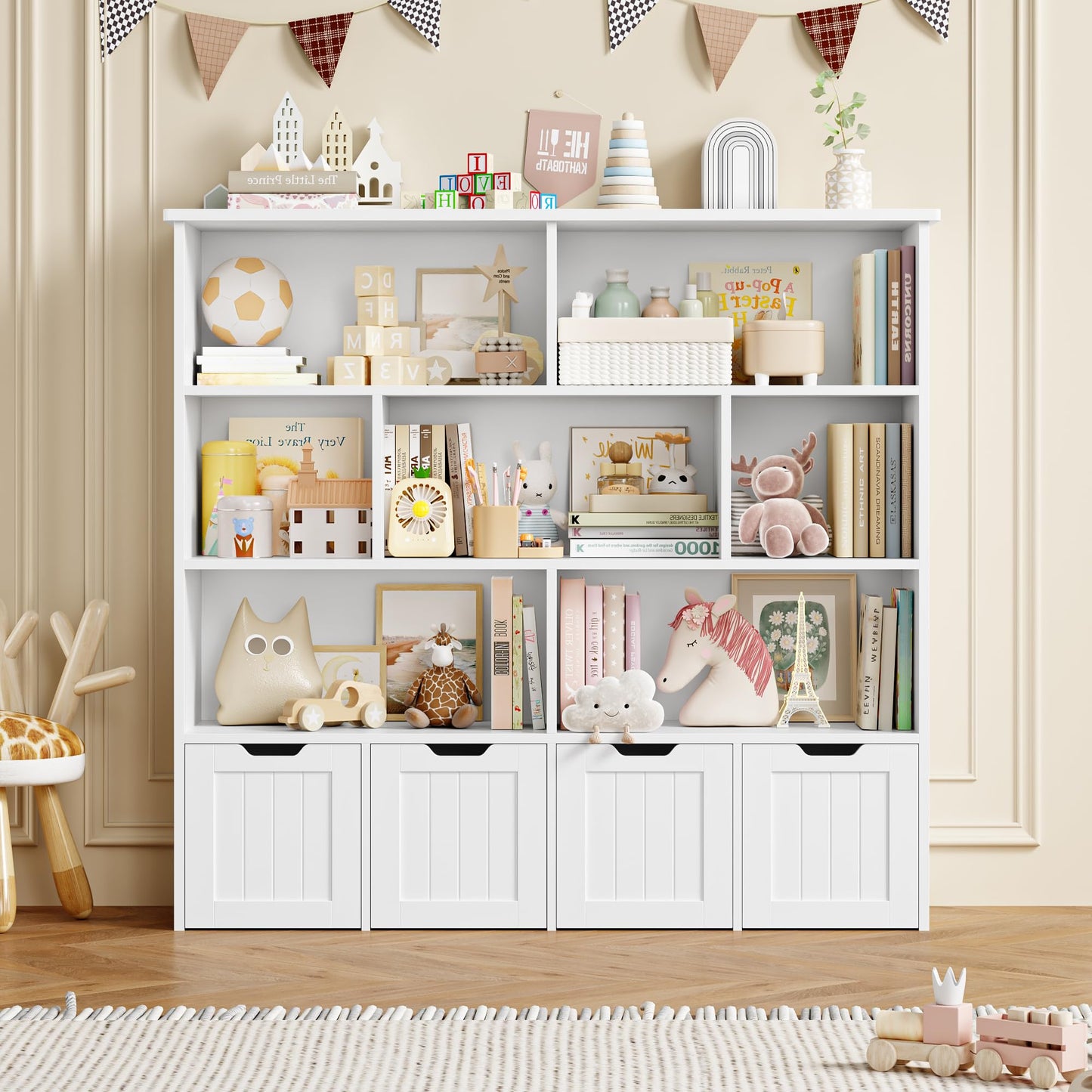 FOREHILL Children's Shelf with Boxes on Wheels, Children's Bookcase with 4 Levels, Children's Room Furniture, Toy Regulator, Storage Shelf, Bookcase for Children, Children's Cabinet, Shelf, White,